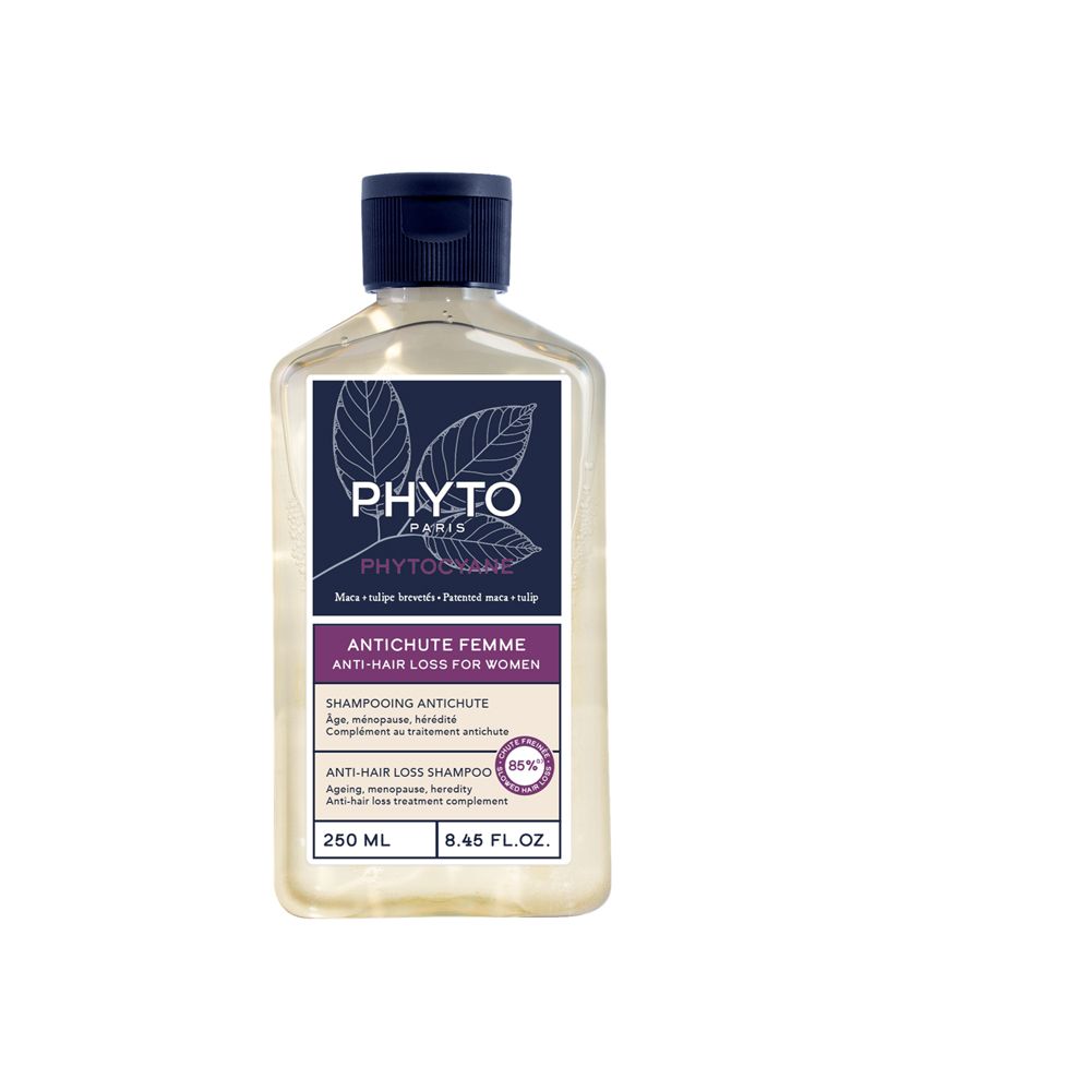 PHYTO Paris Shampoo für Frauen. Flasche mit blauem Deckel und Etikett. Text: Anti-Haarausfall Shampoo für Frauen.