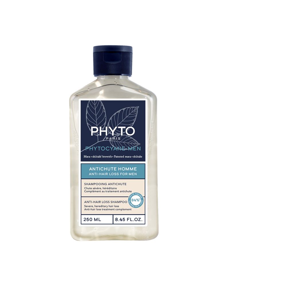 Klarflüssiges Shampoo in einer Flasche mit blauem Deckel. Etikett mit Produktnamen und Logo. Text: Anti-Haarausfall für Männer.