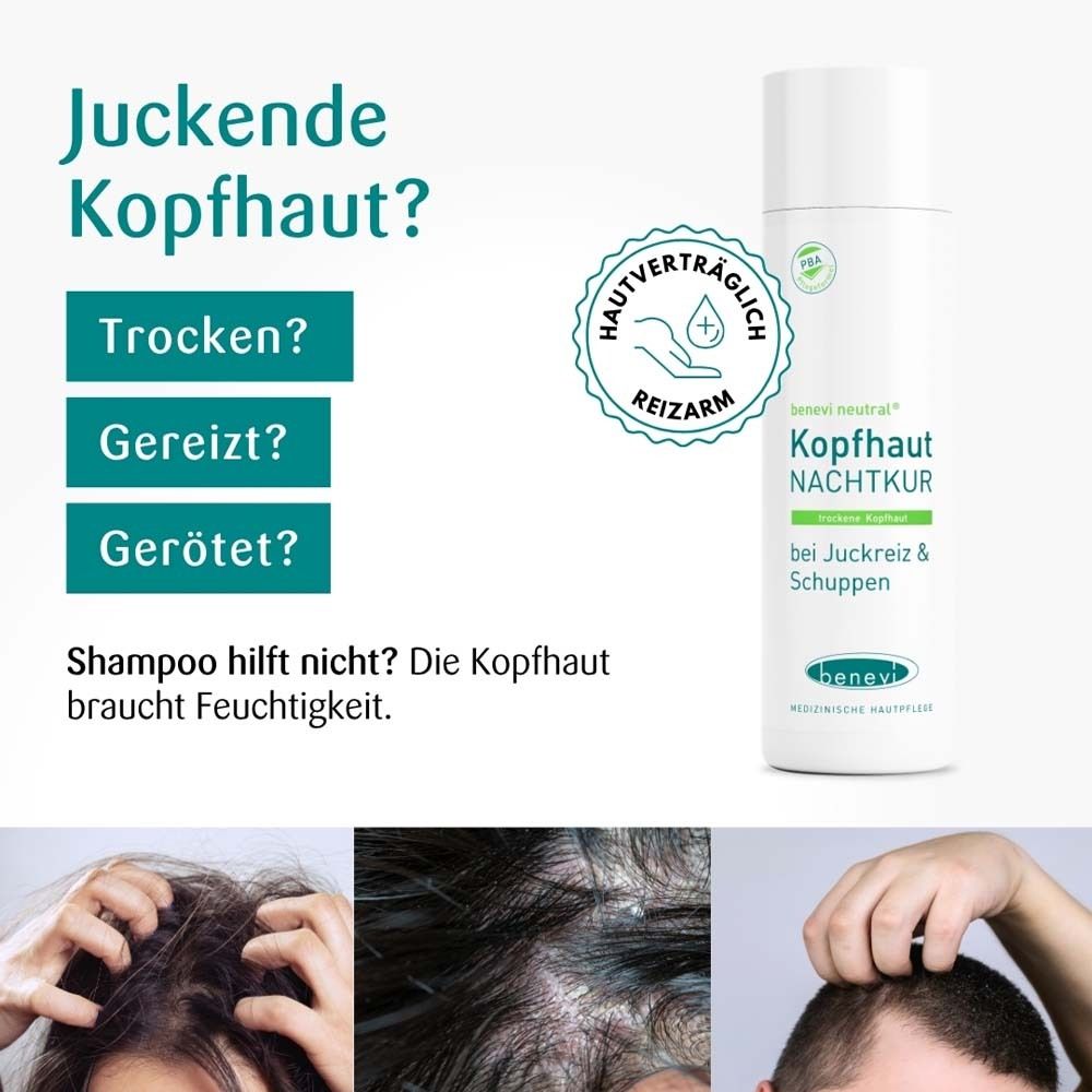 Produkt und Bilder von Kopfhaut. Text: Juckende Kopfhaut? Trocken? Gereizt? Gerötet? Shampoo hilft nicht? Kopfhaut braucht Feuchtigkeit.