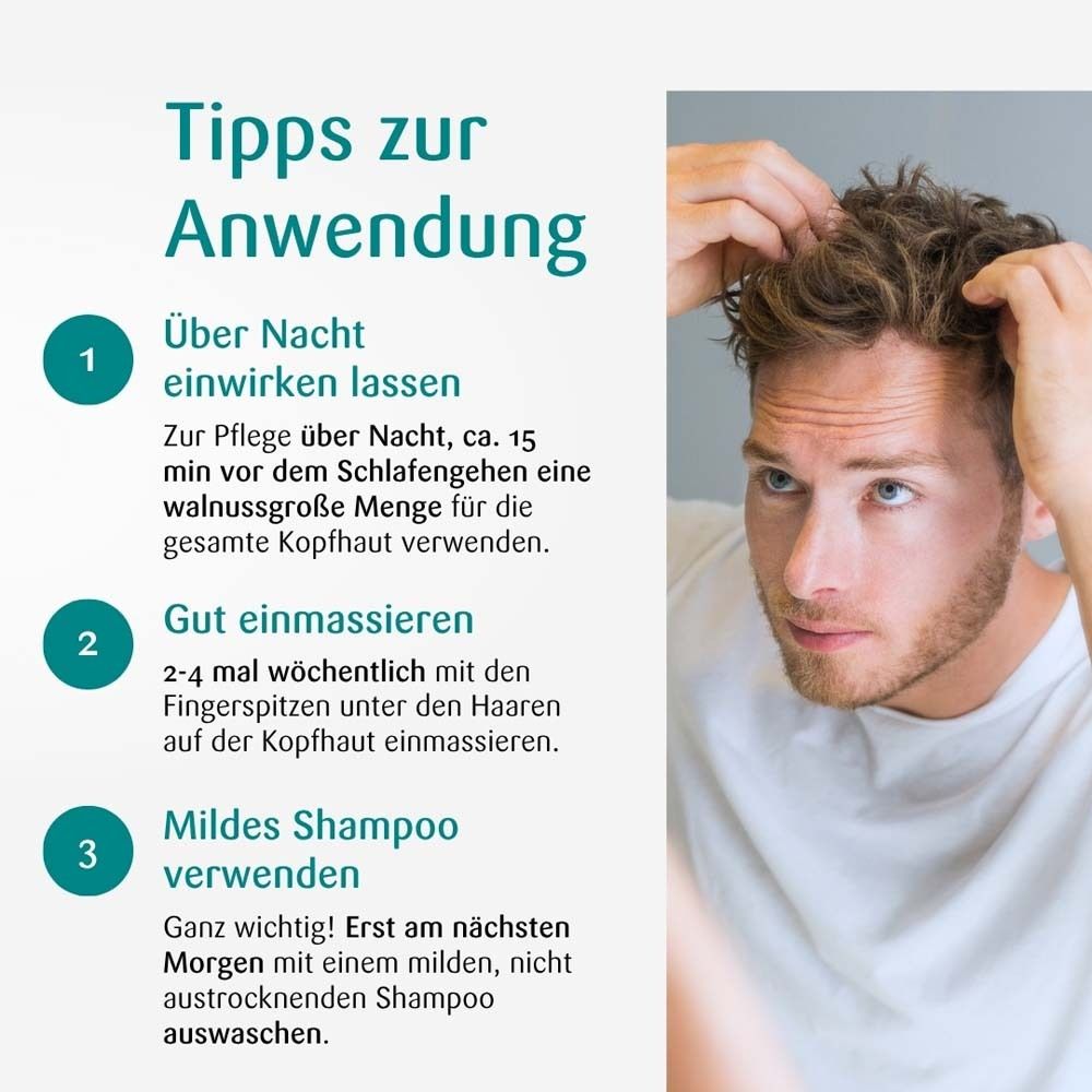 Mann massiert Kopfhaut. Text: Tipps zur Anwendung. 1. Über Nacht einwirken lassen. 2. Gut einmassieren. 3. Mildes Shampoo verwenden.