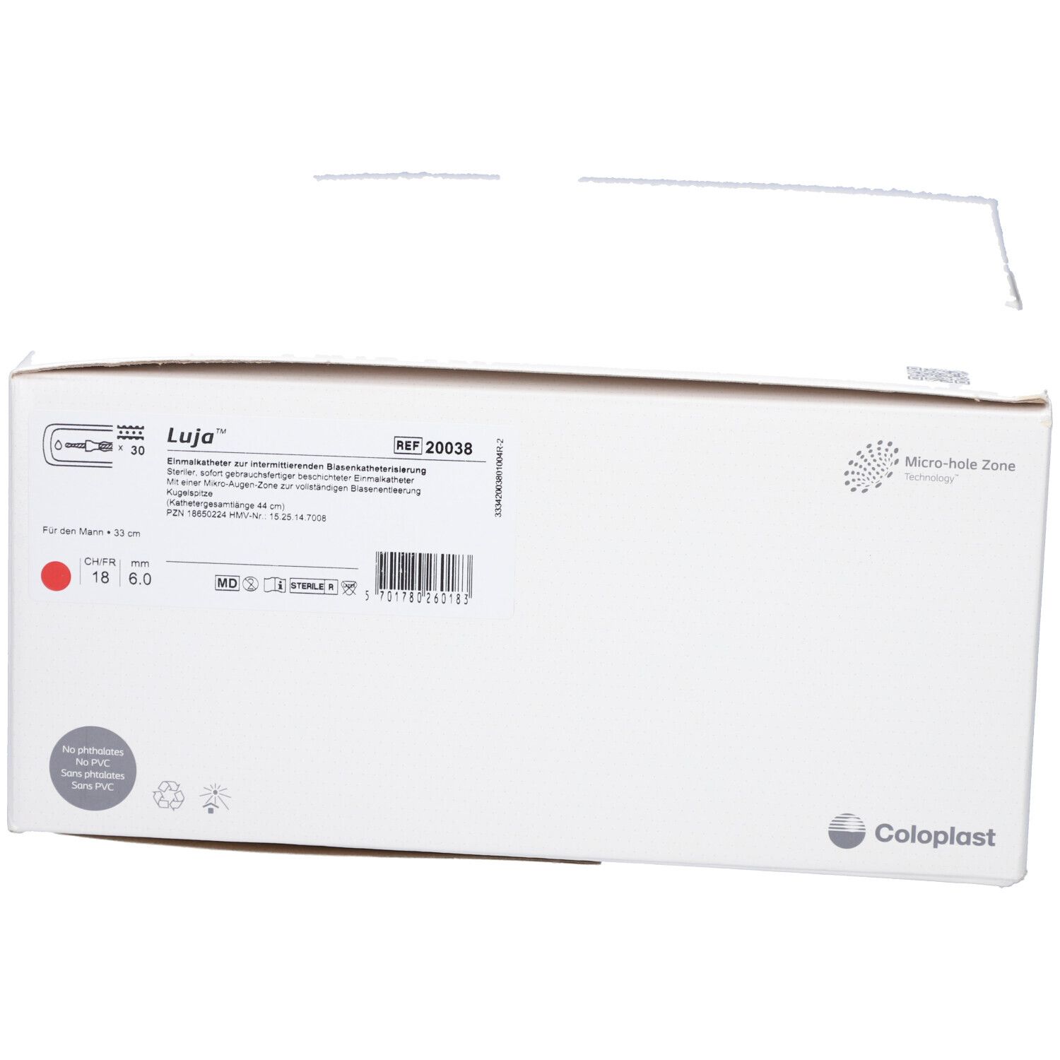 Weiße Kartonverpackung. Aufschrift: Lujo, REF 20038, Coloplast. Produktinformationen und Größenangaben. Logo und Qualitätszeichen.