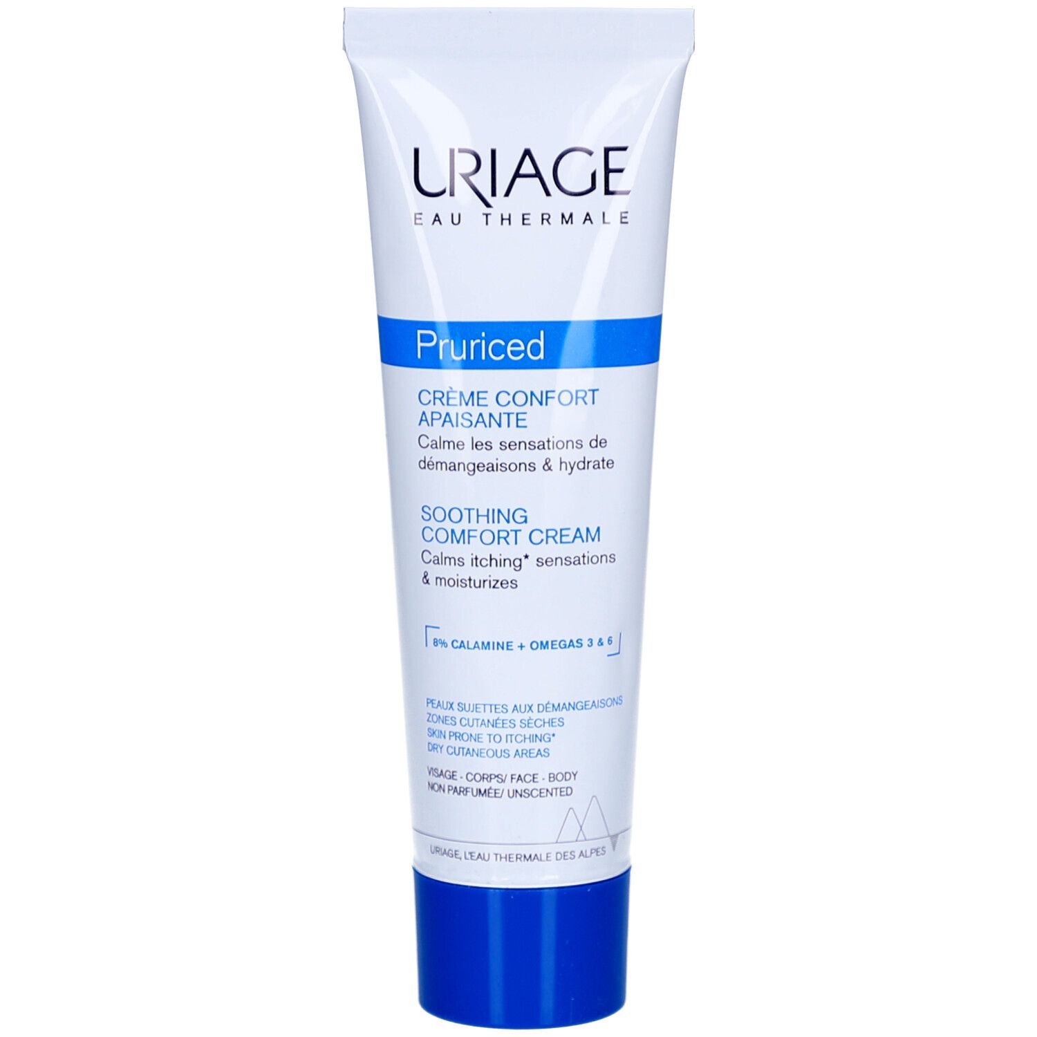 Weiße Tube mit blauem Verschluss. Aufschrift: URIAGE, Pruriced, Crème Confort Apaisante, Soothing Comfort Cream. Enthält Calamine und Omega 3 & 6.