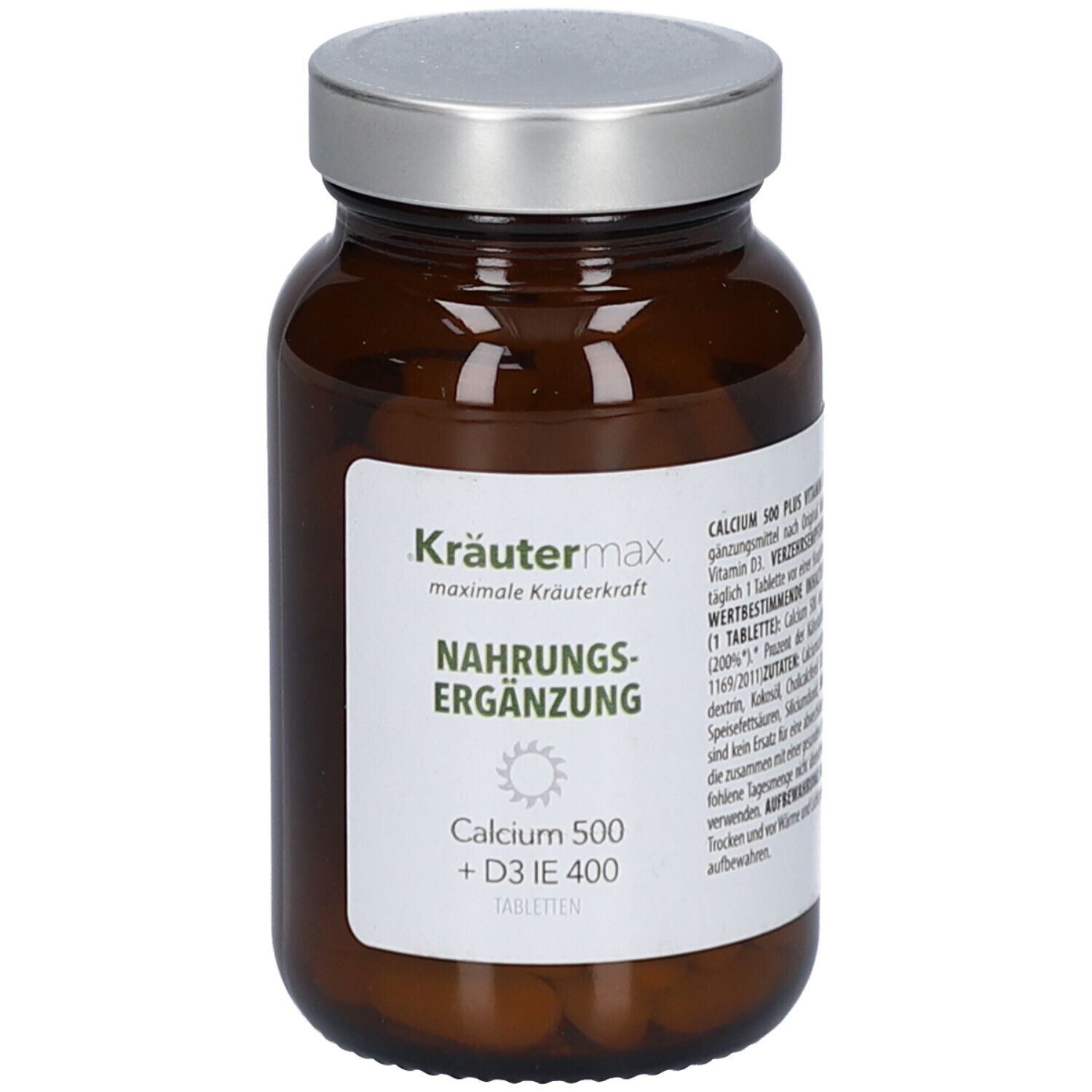 Braune Glasflasche mit silbernem Deckel. Etikett mit Produktinformationen: Kräutermax, Calcium 500 + D3 IE 400 Tabletten.