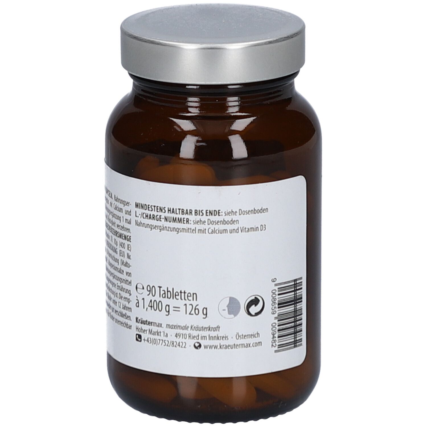 Braune Glasflasche mit silbernem Deckel. Rückansicht mit Etikett. Enthält Informationen wie Mindesthaltbarkeit, Tablettenanzahl und Gewicht.