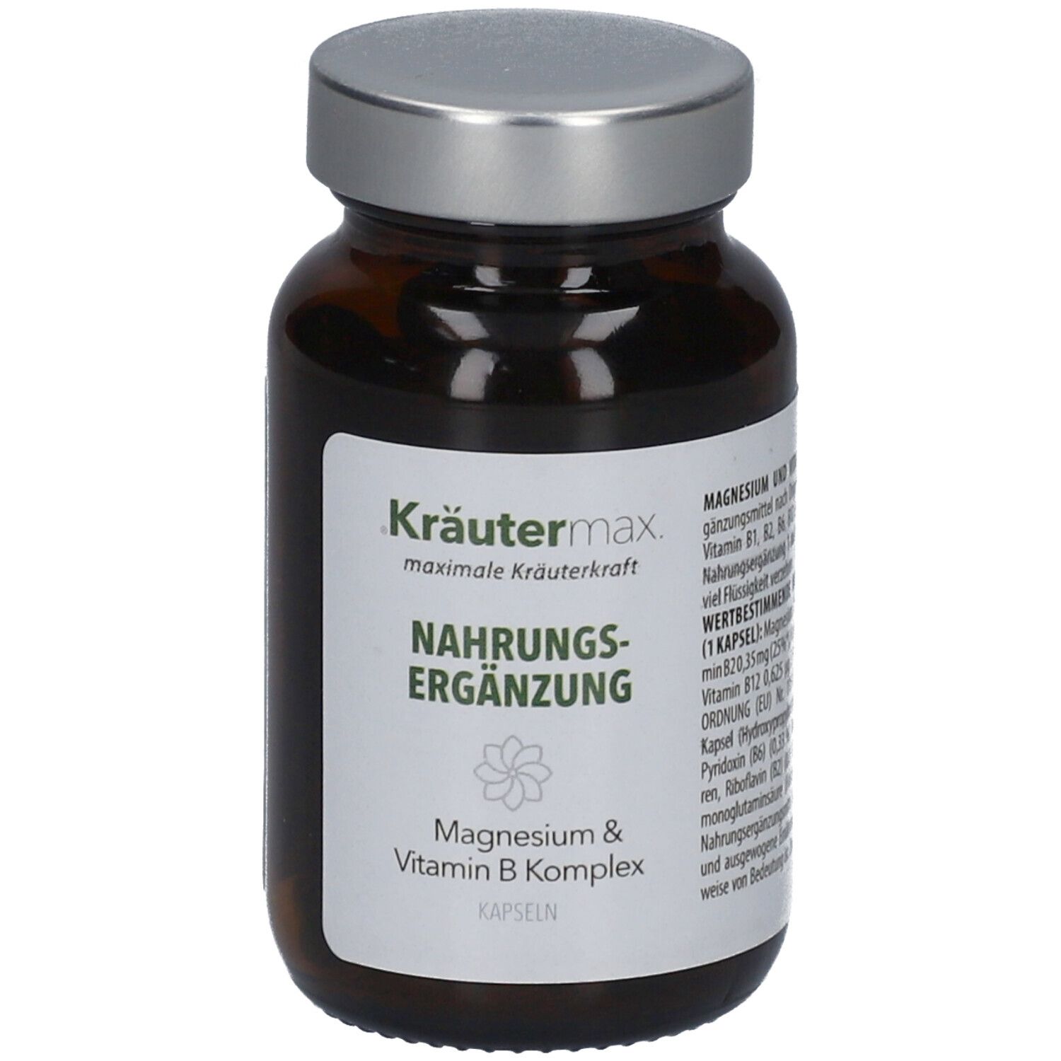 Braune Glasflasche mit silbernem Deckel. Etikett mit Produktinformationen: Kräutermax, Nahrungsergänzung, Magnesium & Vitamin B Komplex Kapseln.