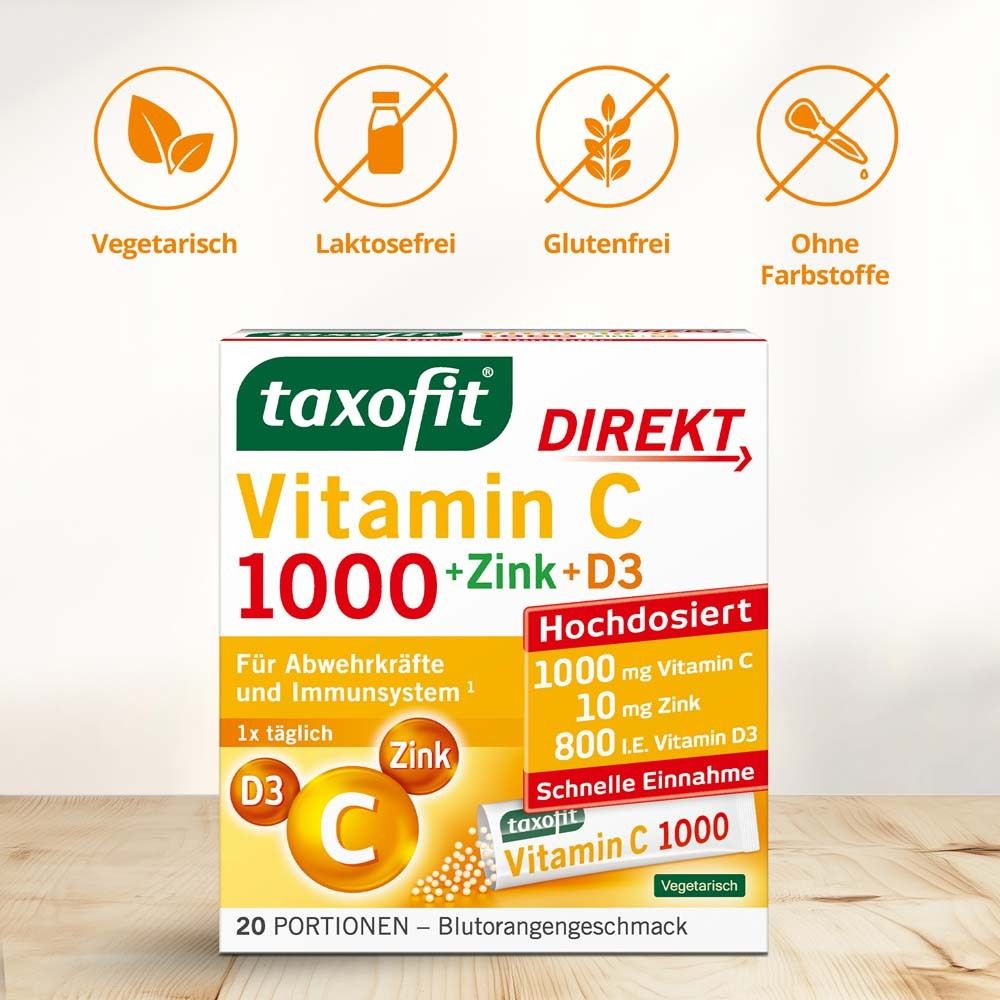 Verpackung von taxofit® Vitamin C 1000 + Zink + D3 Direkt.  Zusätzlich Symbole: vegetarisch, laktosefrei, glutenfrei, ohne Farbstoffe.