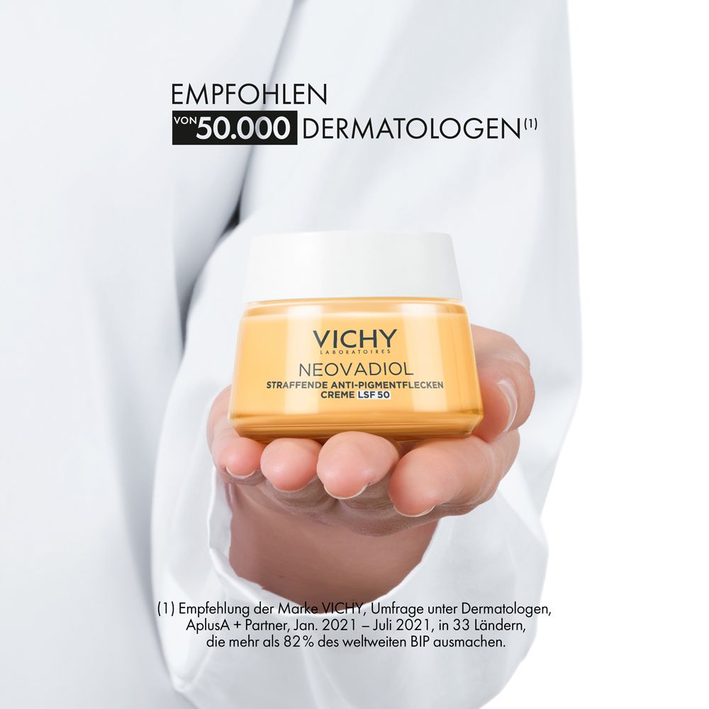 Vichy Neovadiol Straffende Anti-Pigmentflecken Creme LSF 50 mit 3-facher Anti-Aging-Wirkung und dem höchsten Lichtschutzfaktor 50.