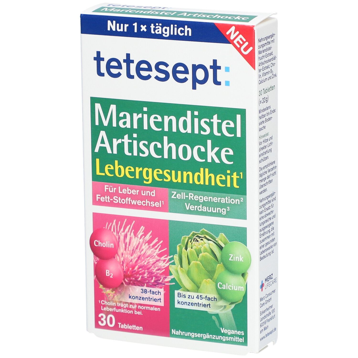 Verpackung von tetesept Mariendistel Artischocke Tabletten. Enthält 30 Tabletten. Aufschrift: Lebergesundheit, veganes Nahrungsergänzungsmittel.