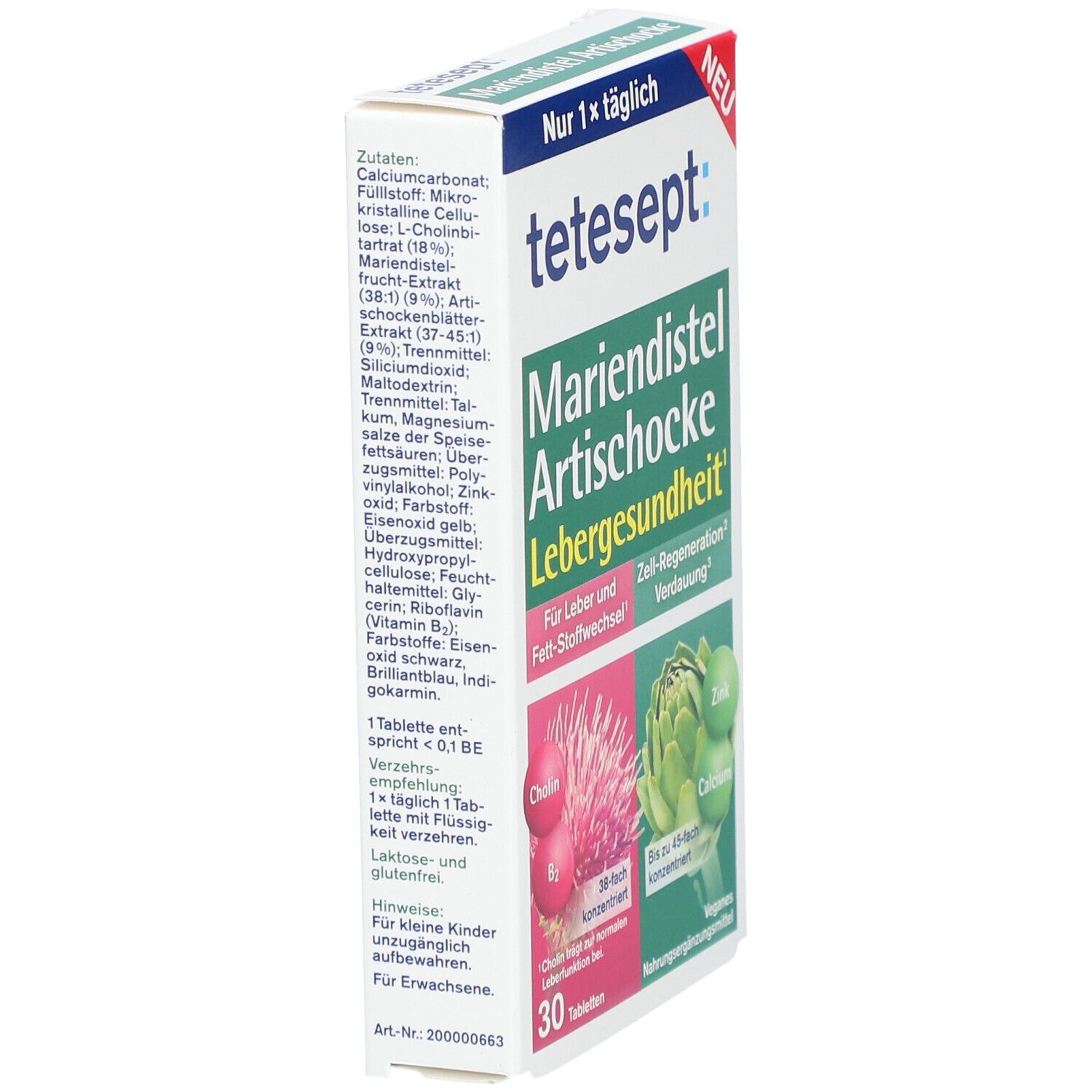Seitenansicht der Verpackung von tetesept Mariendistel Artischocke Tabletten. Enthält Zutatenliste und Verzehrempfehlung.