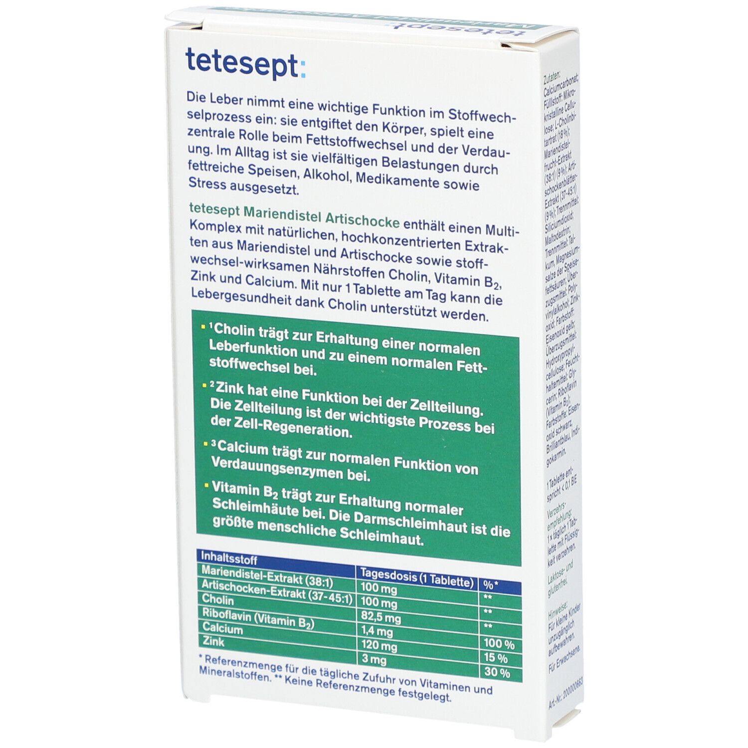Rückseite der Verpackung von tetesept Mariendistel Artischocke Tabletten. Enthält Informationen zur Lebergesundheit und Inhaltsstoffe.