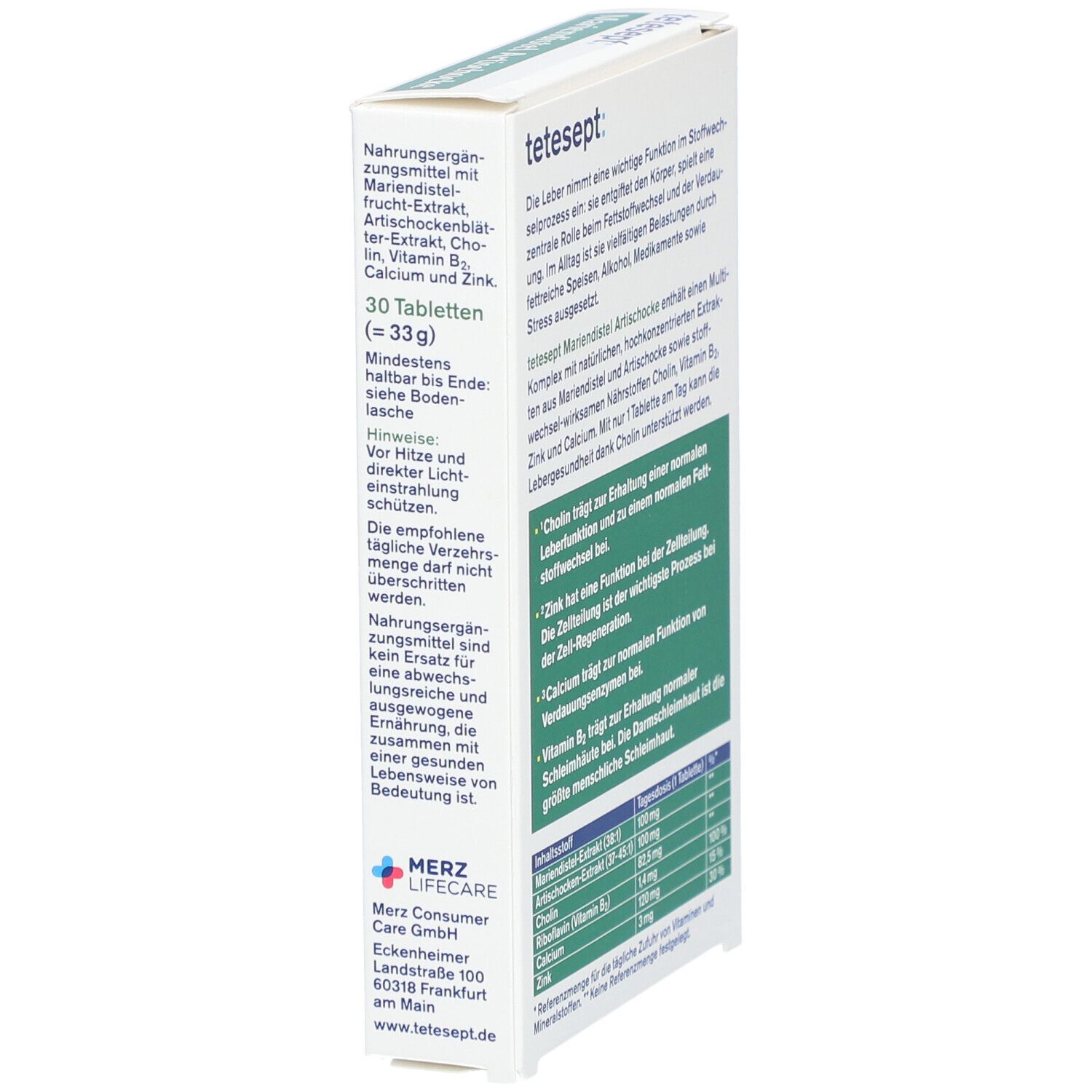 Seitenansicht der Verpackung von tetesept Mariendistel Artischocke Tabletten. Enthält Informationen zur Anwendung und Hersteller.