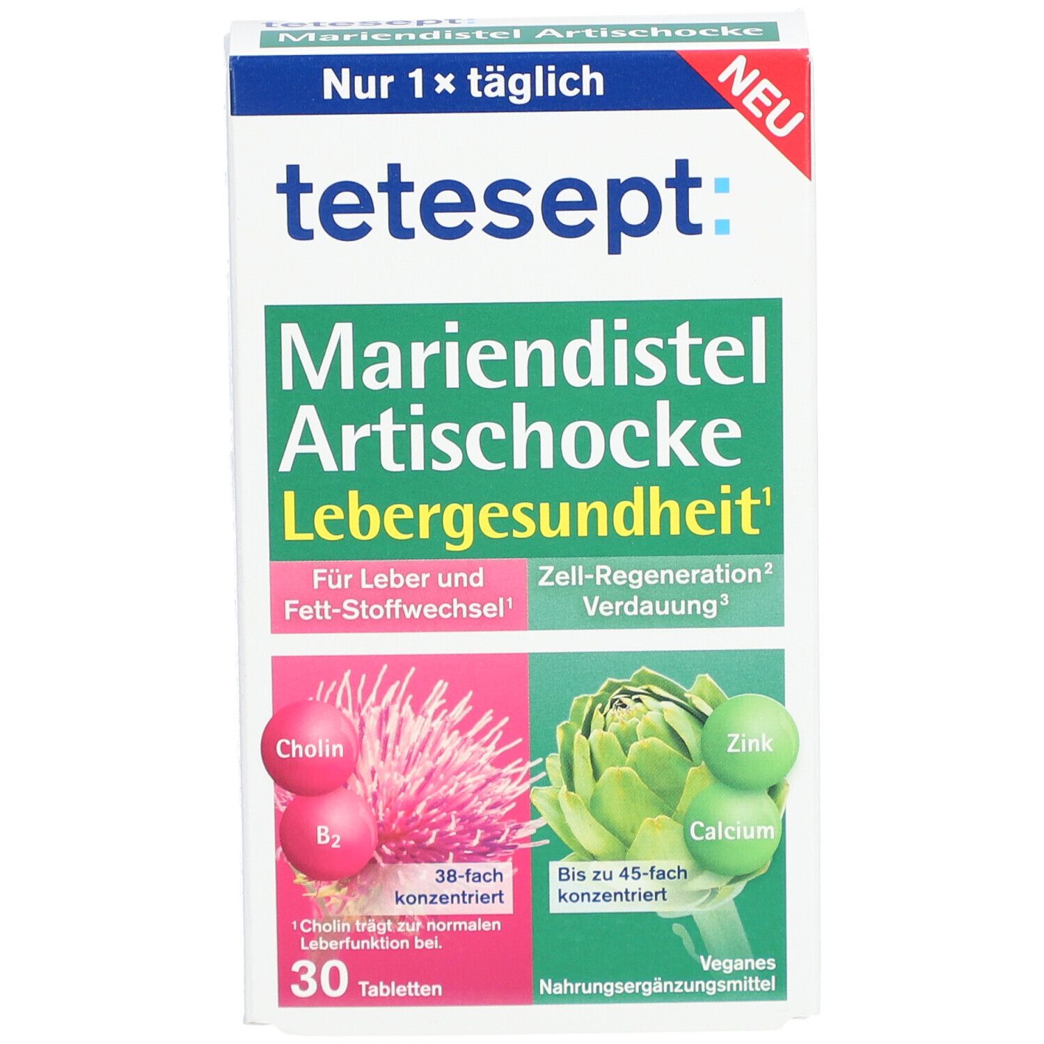 Vorderansicht der Verpackung von tetesept Mariendistel Artischocke Tabletten. Enthält 30 Tabletten. Aufschrift: Lebergesundheit, vegan.