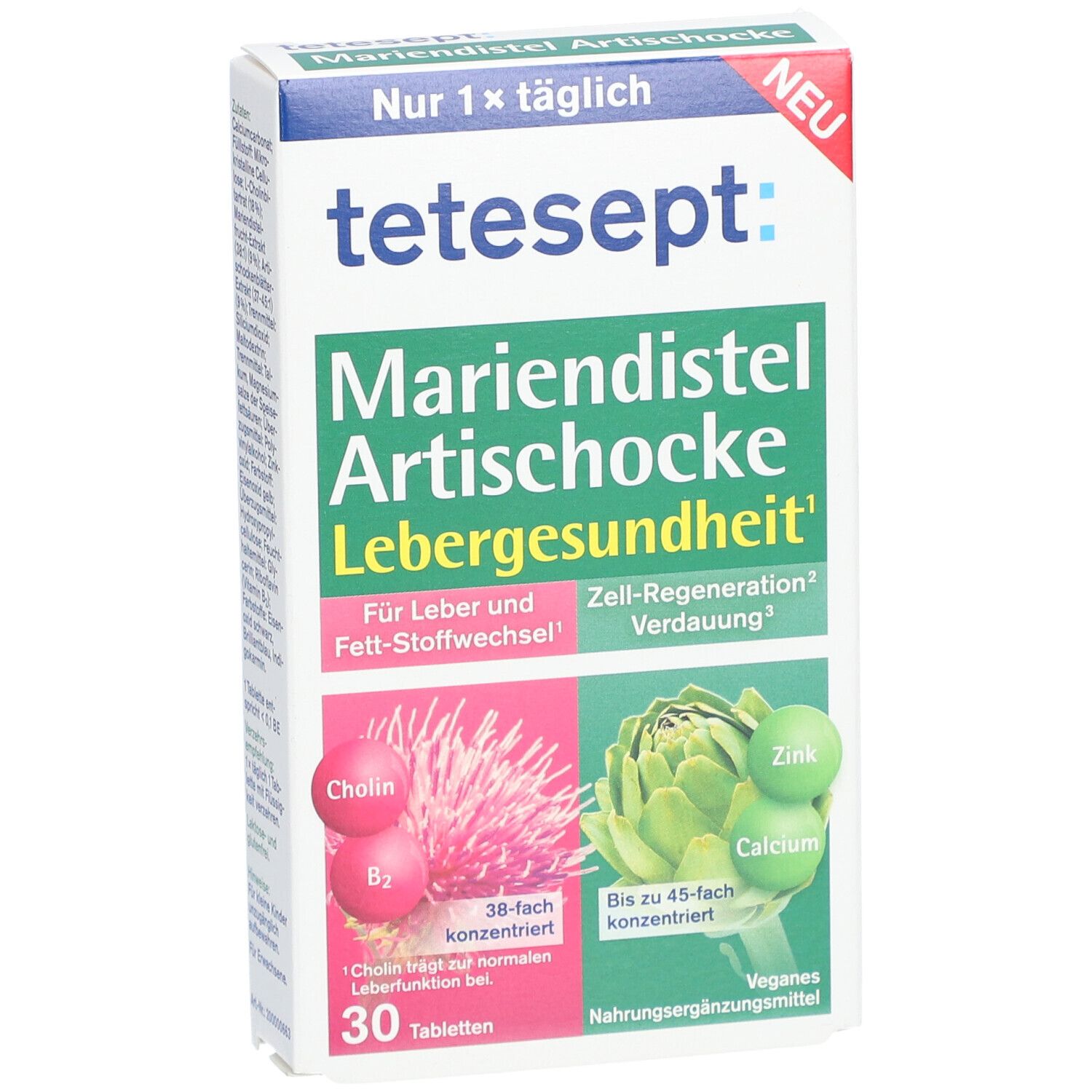 Vorderansicht der Verpackung von tetesept Mariendistel Artischocke Tabletten. Enthält 30 Tabletten. Aufschrift: Lebergesundheit, vegan.