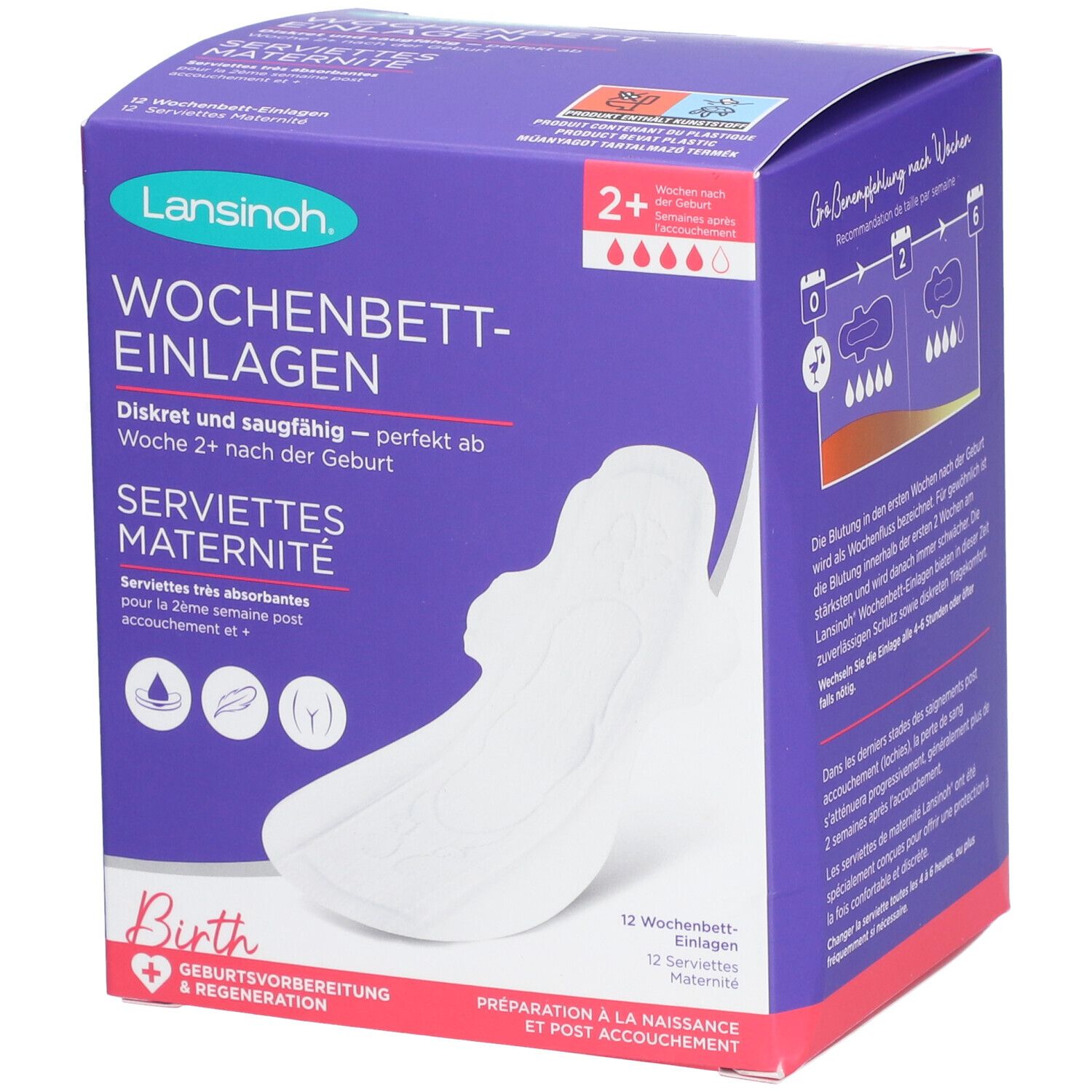Lila Verpackung mit Lansinoh Wochenbett-Einlagen. Text: Diskret und saugfähig. 12 Einlagen. Ab Woche 2+ nach der Geburt.