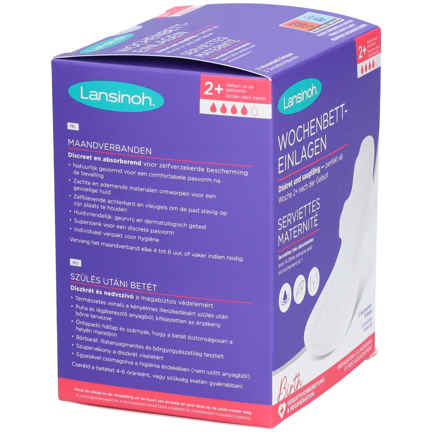 Verpackung Lansinoh Wochenbett-Einlagen. Text in Deutsch, Niederländisch und Ungarisch. Produktabbildung. 2+ Tropfen-Symbol.