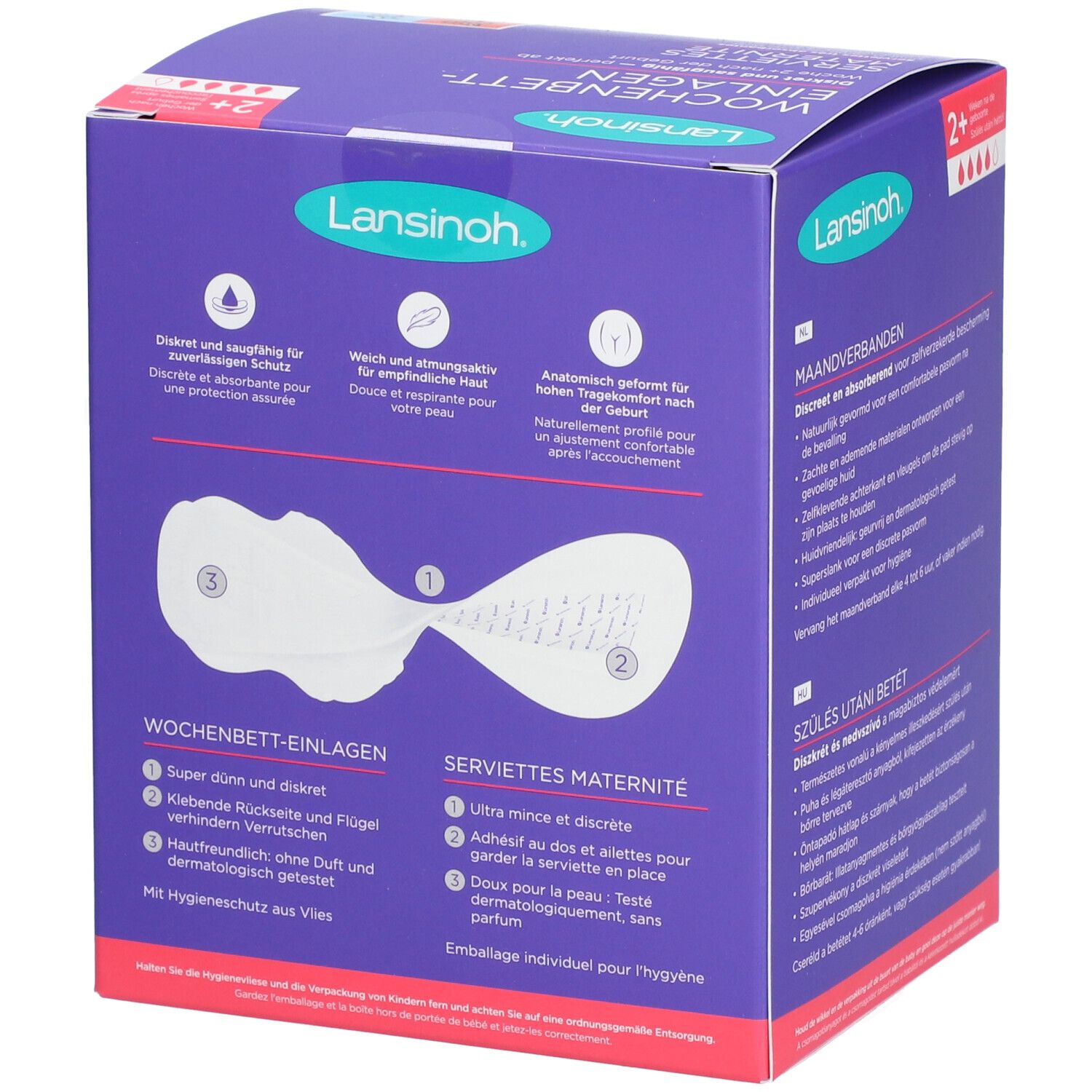 Rückseite der Verpackung Lansinoh Wochenbett-Einlagen. Produktabbildung. Text in Deutsch, Niederländisch und Ungarisch.