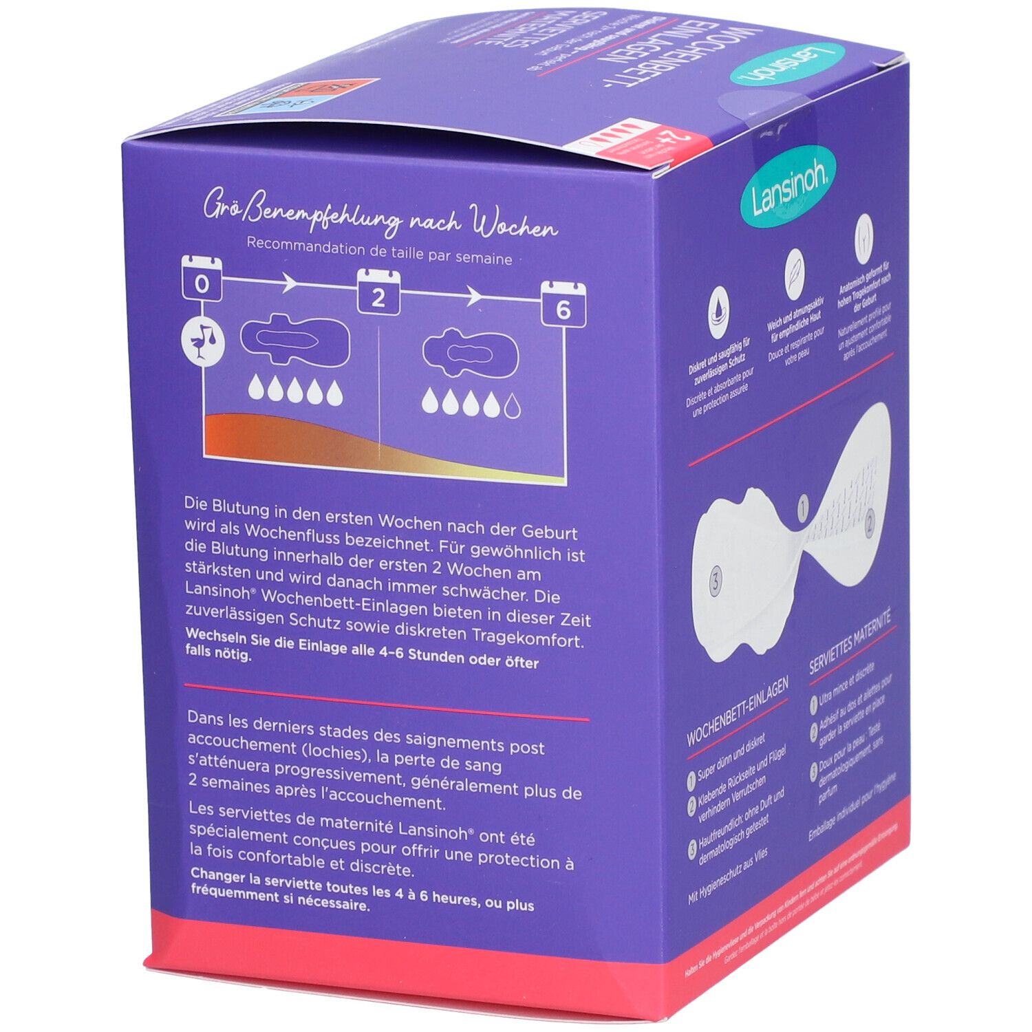 Verpackung Lansinoh Wochenbett-Einlagen. Text: Empfehlung zur Größe nach Wochen. Illustrationen. 2+ Tropfen-Symbol.