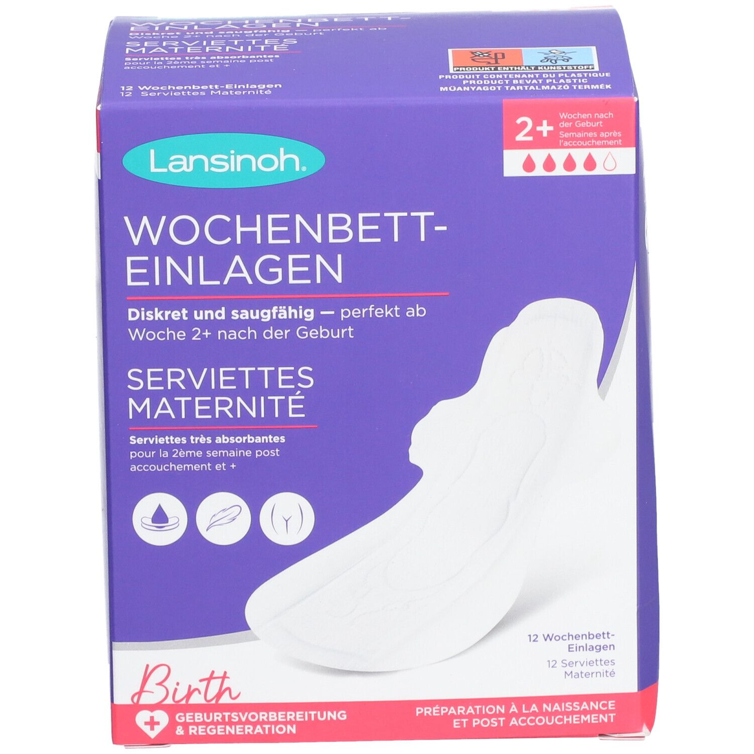 Lila Verpackung Lansinoh Wochenbett-Einlagen. Produktabbildung. Text: Diskret und saugfähig. 12 Einlagen. Ab Woche 2+.