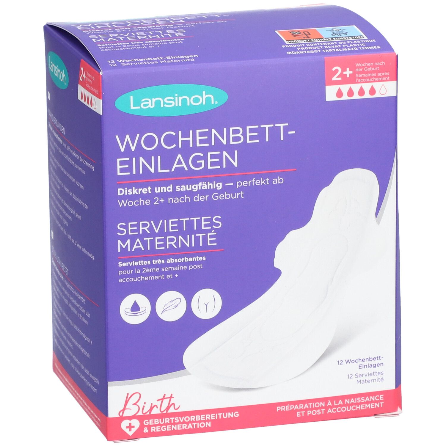Lila Verpackung Lansinoh Wochenbett-Einlagen. Produktabbildung. Text: Diskret und saugfähig. 12 Einlagen. Ab Woche 2+.