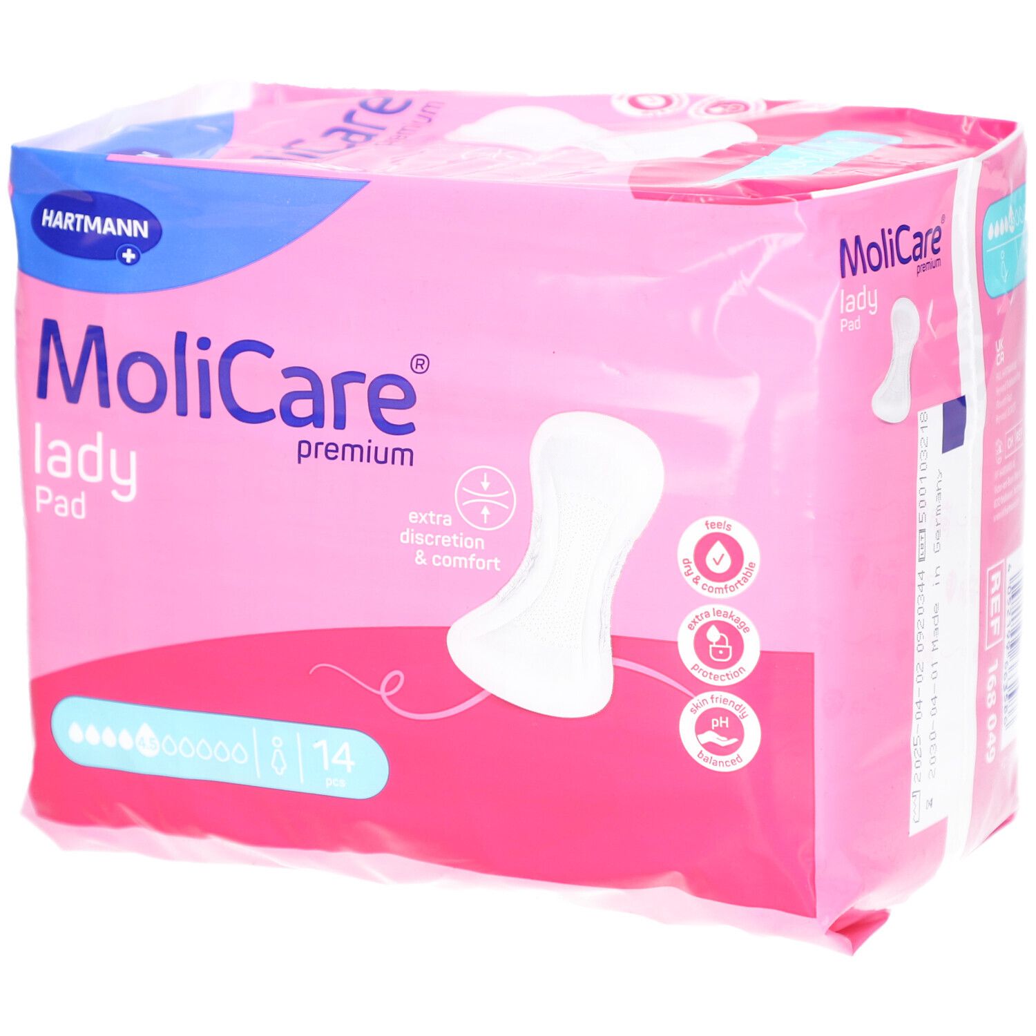 Verpackung von MoliCare Lady Pad. Rosa und blaue Verpackung mit Produktabbildung und Logo. 14 Stück.