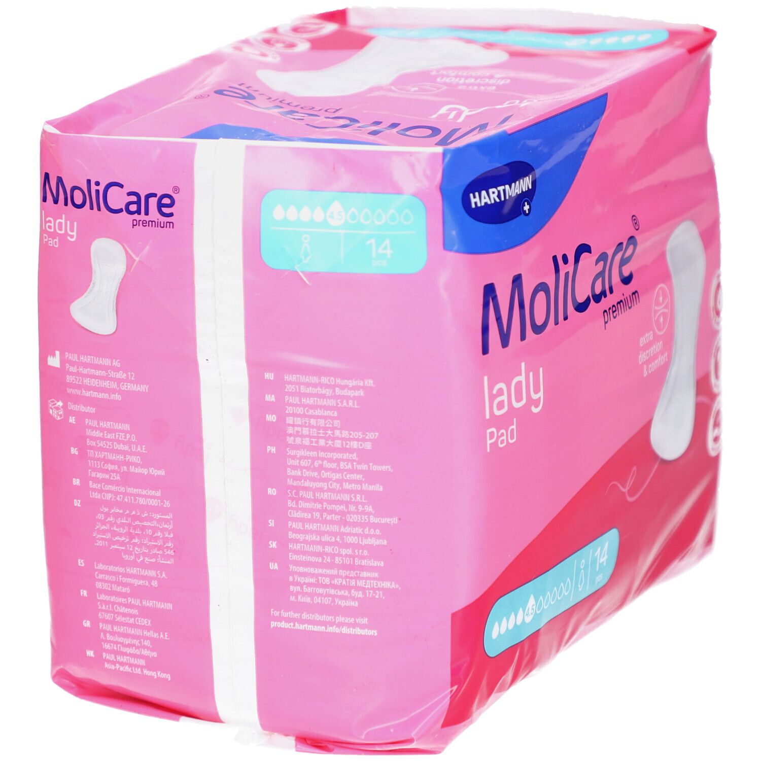 MoliCare Lady Pad Verpackung. Rosa Verpackung mit Produktinformationen und Logo. Hartmann Logo oben.
