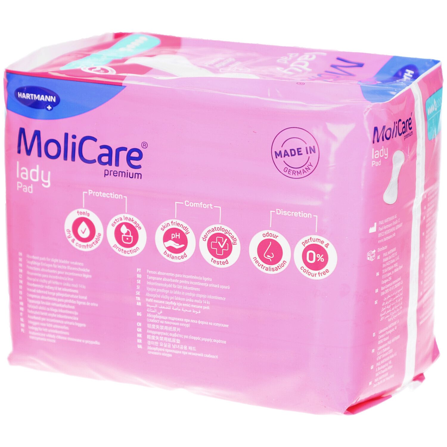 MoliCare Lady Pad Verpackung. Rosa Verpackung mit Produktmerkmalen und Logo. Made in Germany.