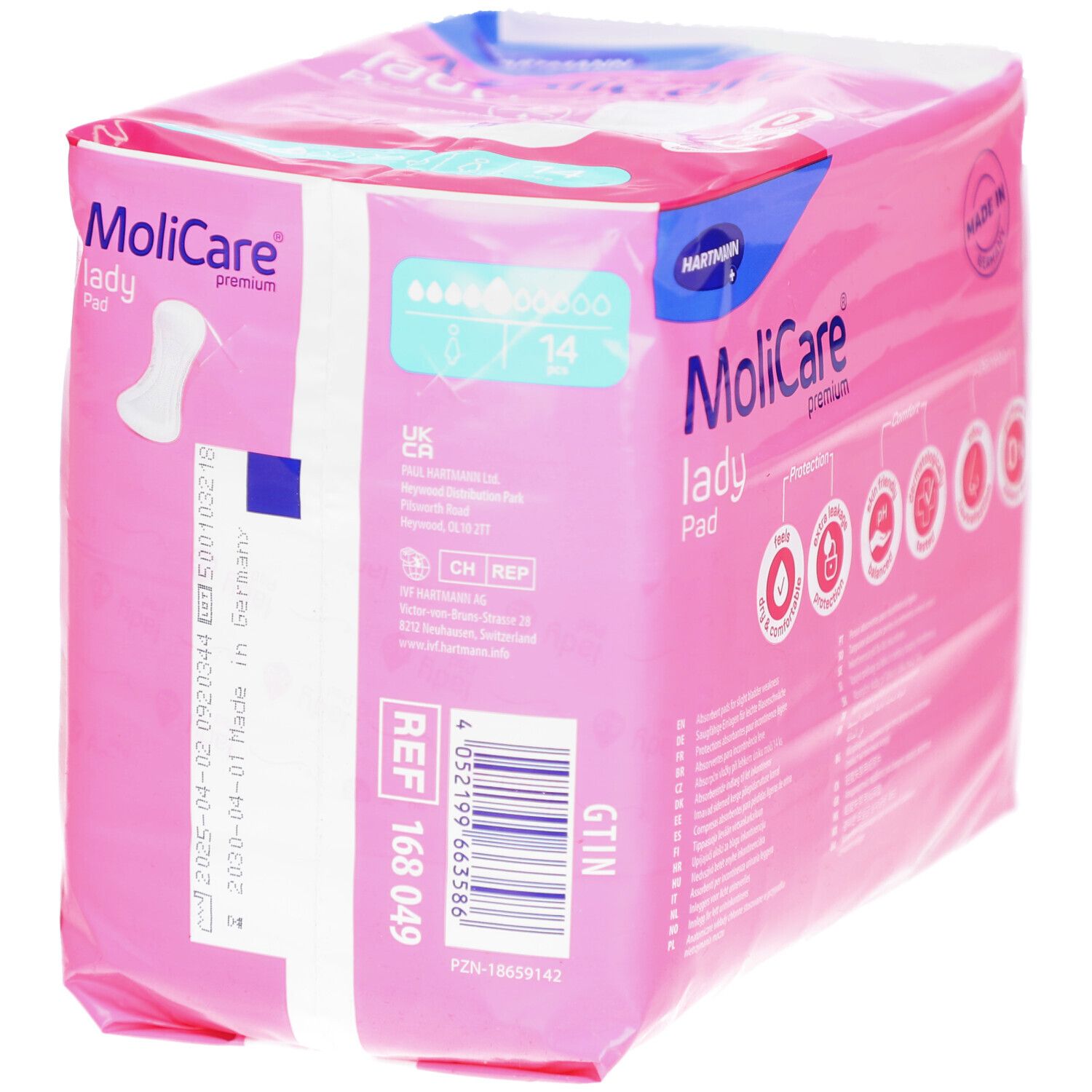 MoliCare Lady Pad Verpackung. Rosa Verpackung mit Produktinformationen und Logo. Ref. 168 049.