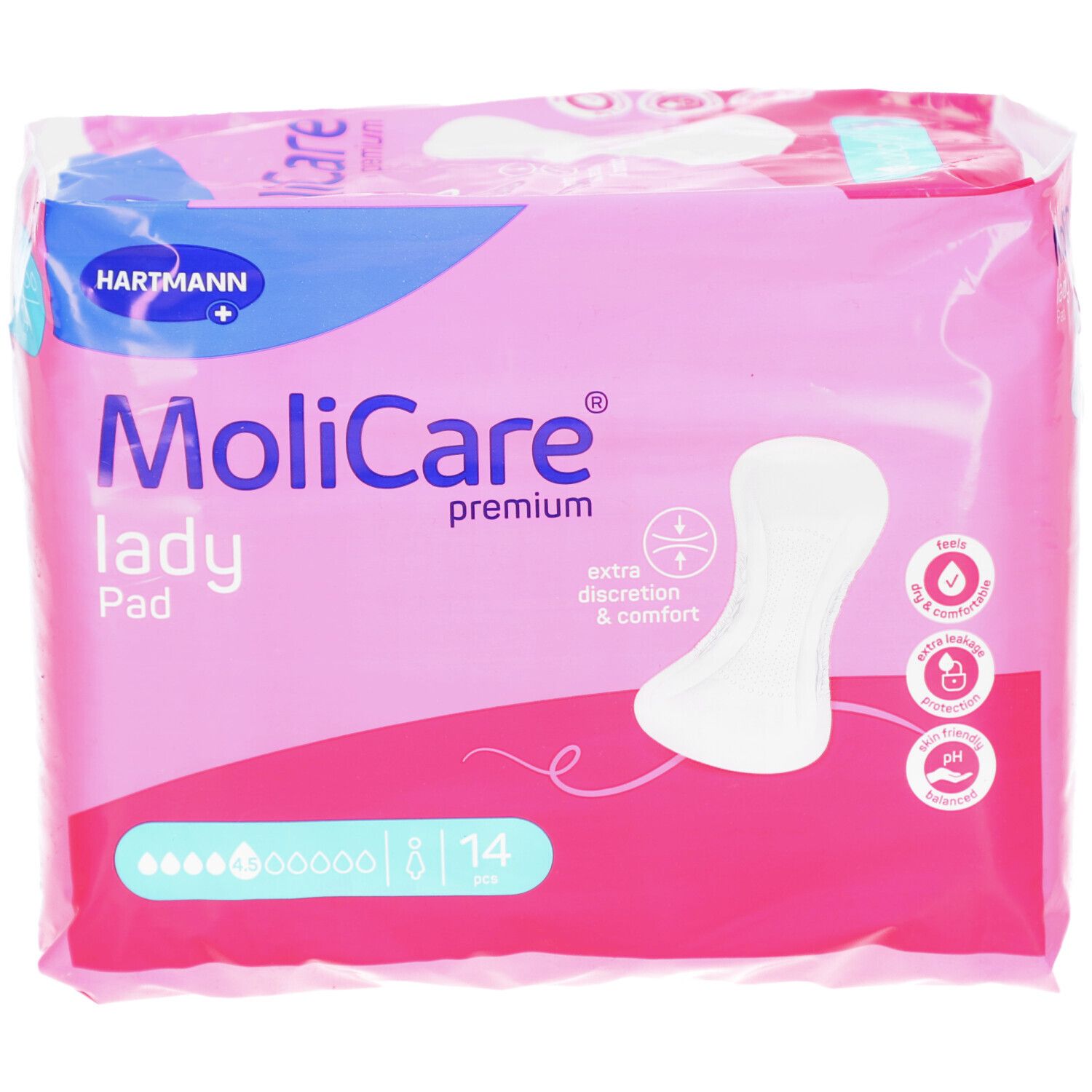 MoliCare Lady Pad Verpackung. Rosa Verpackung mit Produktabbildung und Logo. 14 Stück.