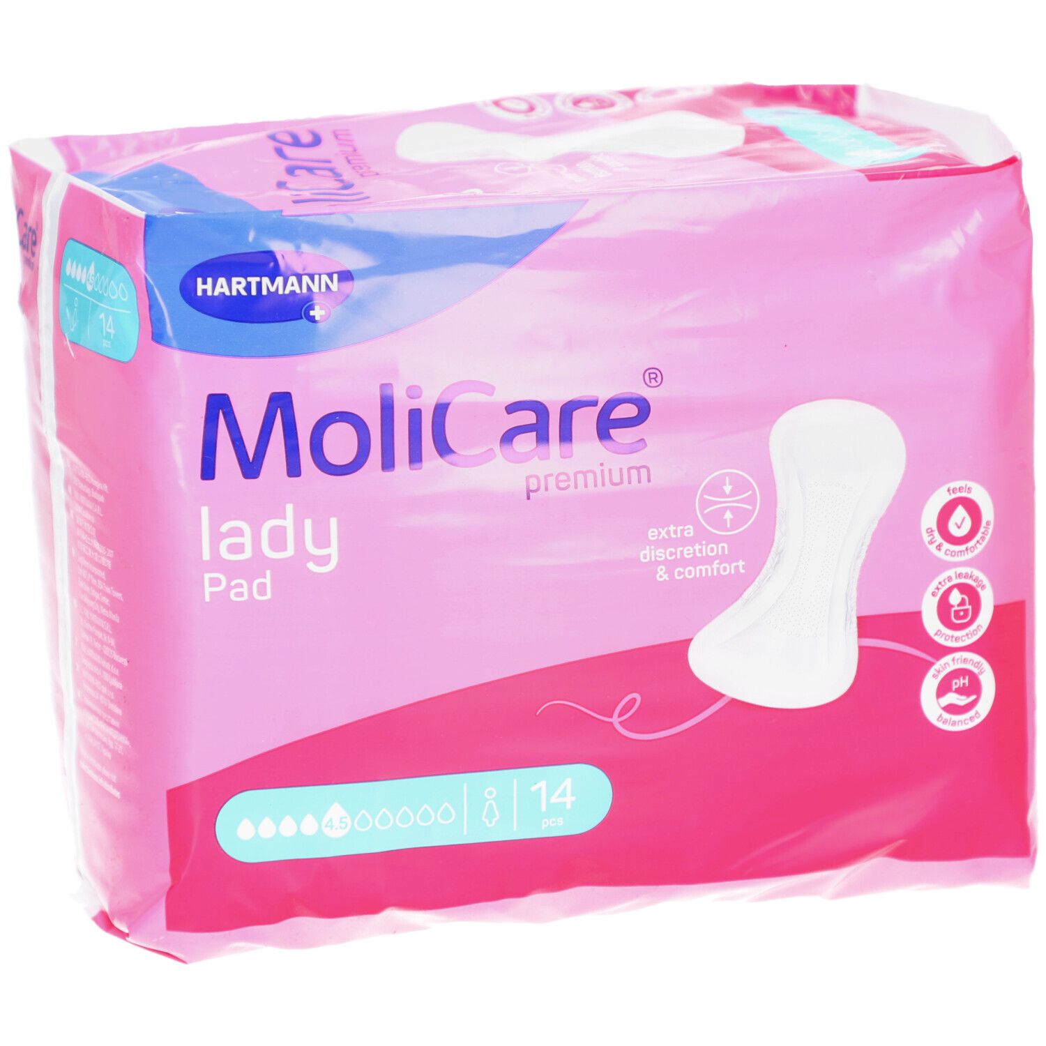 MoliCare Lady Pad Verpackung. Rosa Verpackung mit Produktabbildung und Logo. 14 Stück.