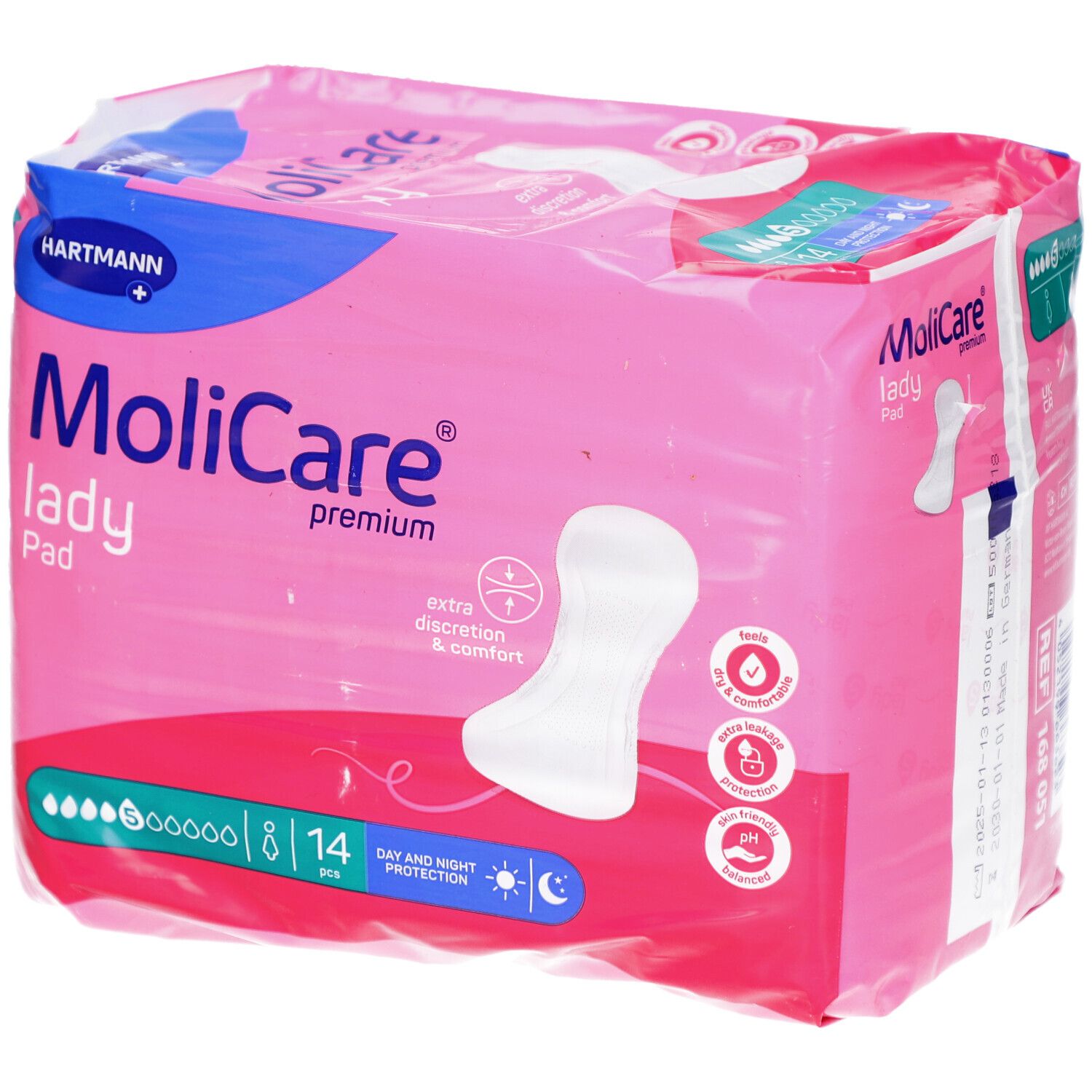 Verpackung mit MoliCare Lady Pad Extra Plus. Rosa-blaue Verpackung, 14 Stück. Tag- und Nachtschutz. Hartmann-Logo.