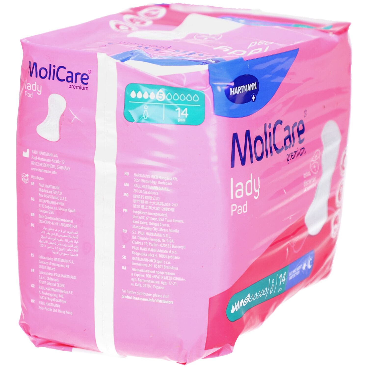 Verpackung MoliCare Lady Pad Extra Plus. Rosa Verpackung, 14 Stück. Hartmann-Logo. Produktabbildung. Rückseite mit Text.