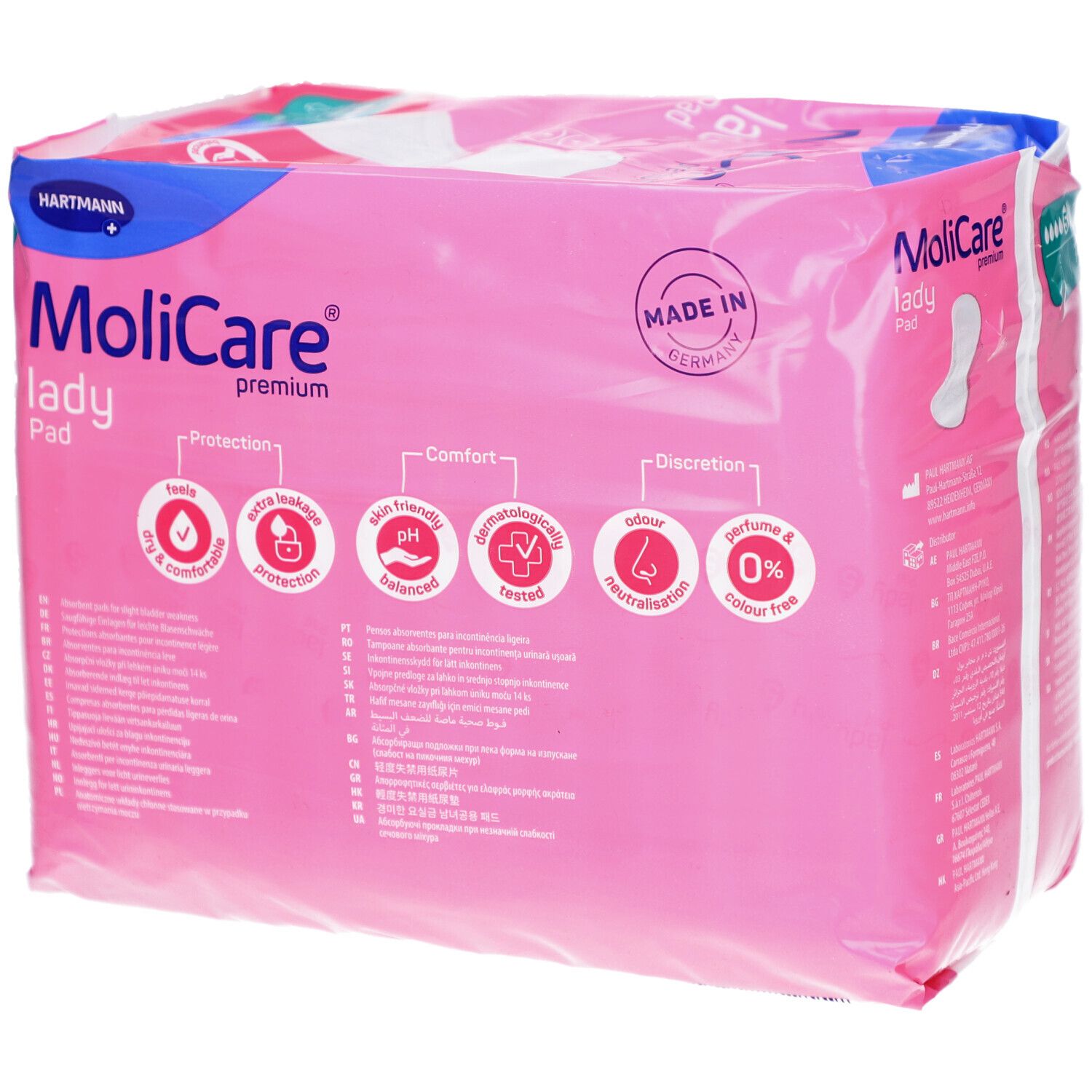 Verpackung MoliCare Lady Pad Extra Plus. Rosa Verpackung, 14 Stück. Hartmann-Logo. Made in Germany. Produktmerkmale.