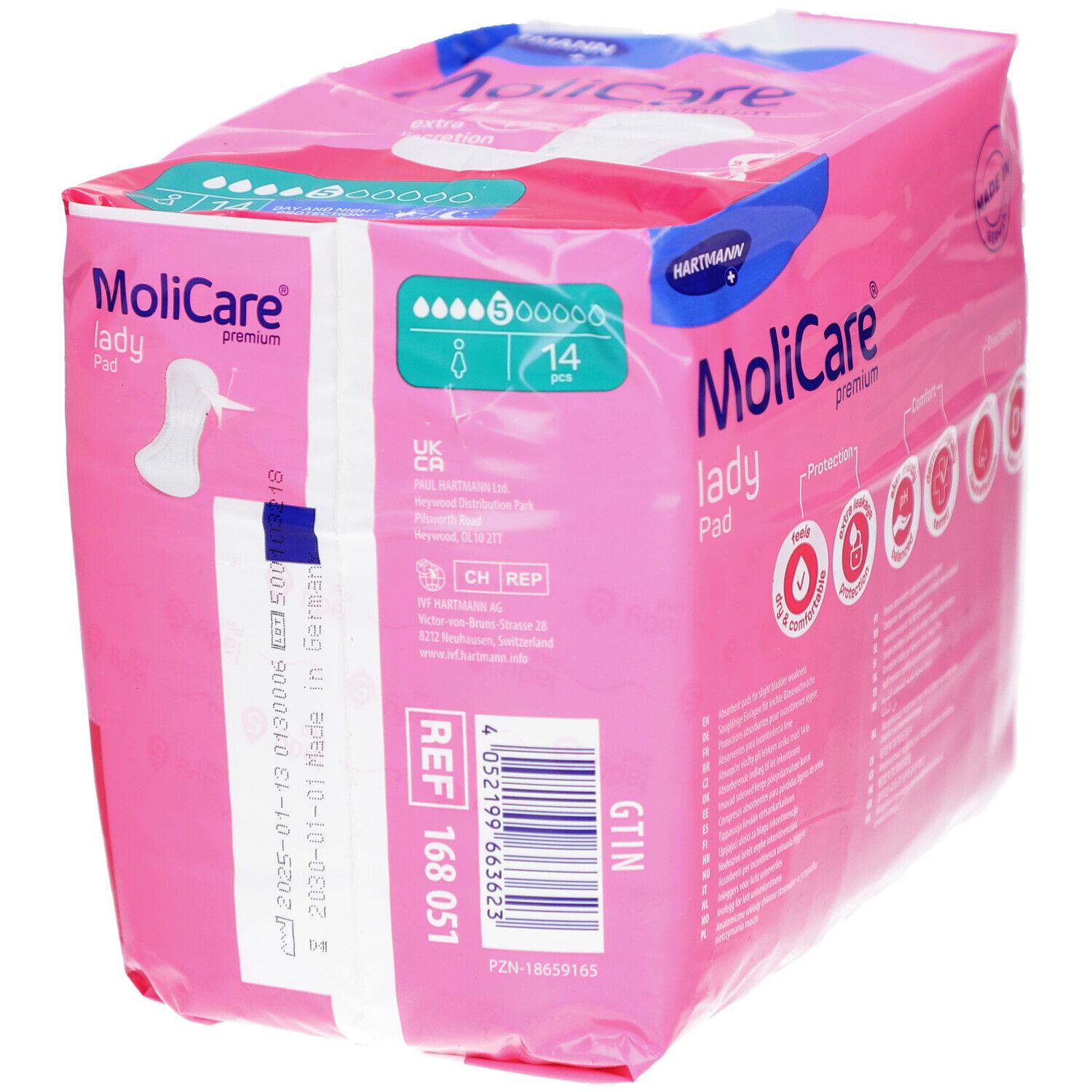 Verpackung MoliCare Lady Pad Extra Plus. Rosa Verpackung, 14 Stück. Hartmann-Logo. Produktabbildung. Barcode und Ref-Nummer.