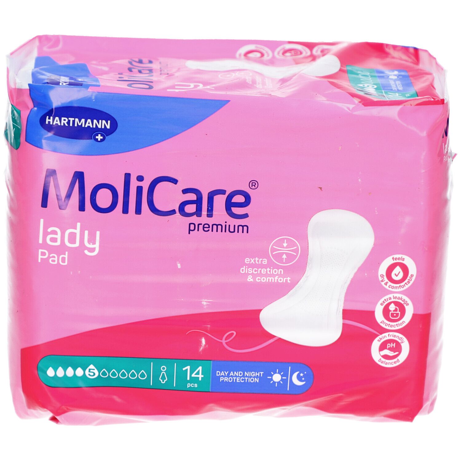 Verpackung MoliCare Lady Pad Extra Plus. Rosa-blaue Verpackung, 14 Stück. Tag- und Nachtschutz. Hartmann-Logo.