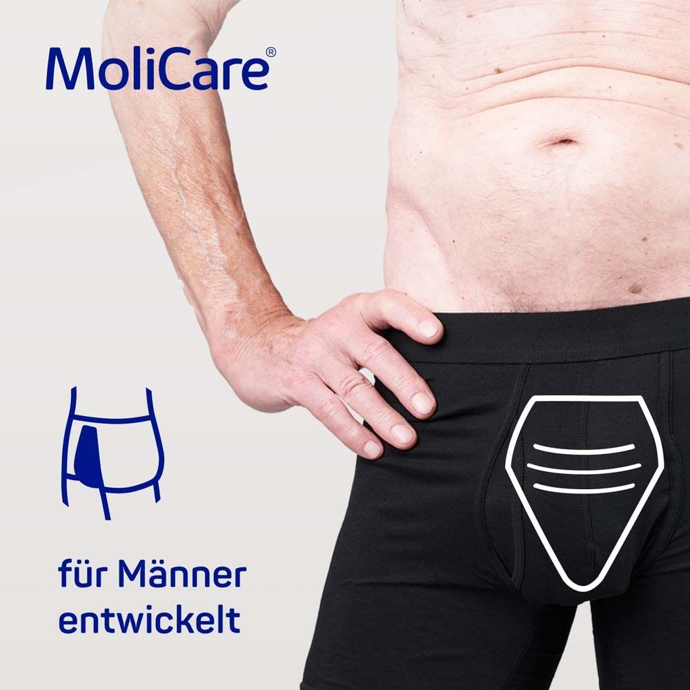 Mann in schwarzer Unterhose. MoliCare® Logo. Illustration eines Pads. Text: für Männer entwickelt.