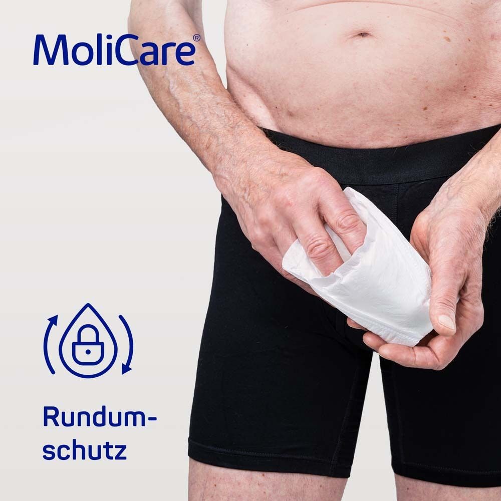 Mann in schwarzer Unterhose. MoliCare® Logo. Illustration eines Pads. Text: Rundumschutz.