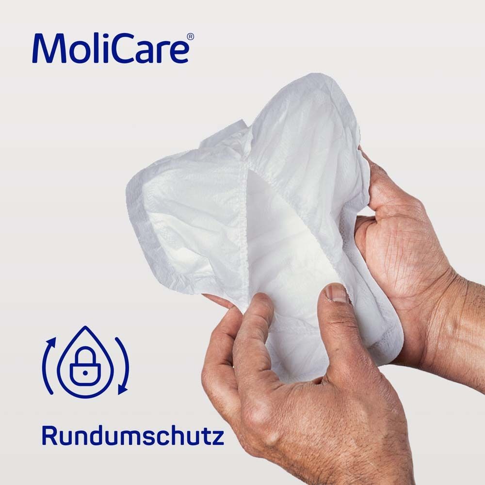 Hände halten ein geöffnetes MoliCare Pad. Rundumschutz-Symbol. Weißes Pad.