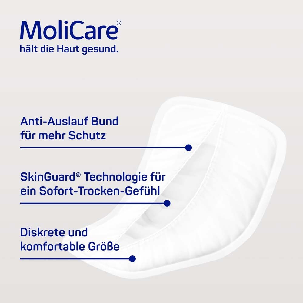 Nahaufnahme MoliCare Pad. Anti-Auslauf Bund. SkinGuard Technologie. Diskrete Größe.