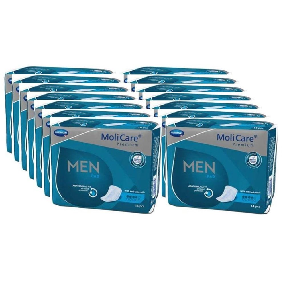 Mehrere Packungen MoliCare Premium MEN Pad. Blaue und weiße Verpackung. Anatomische Passform. 4 Tropfen.
