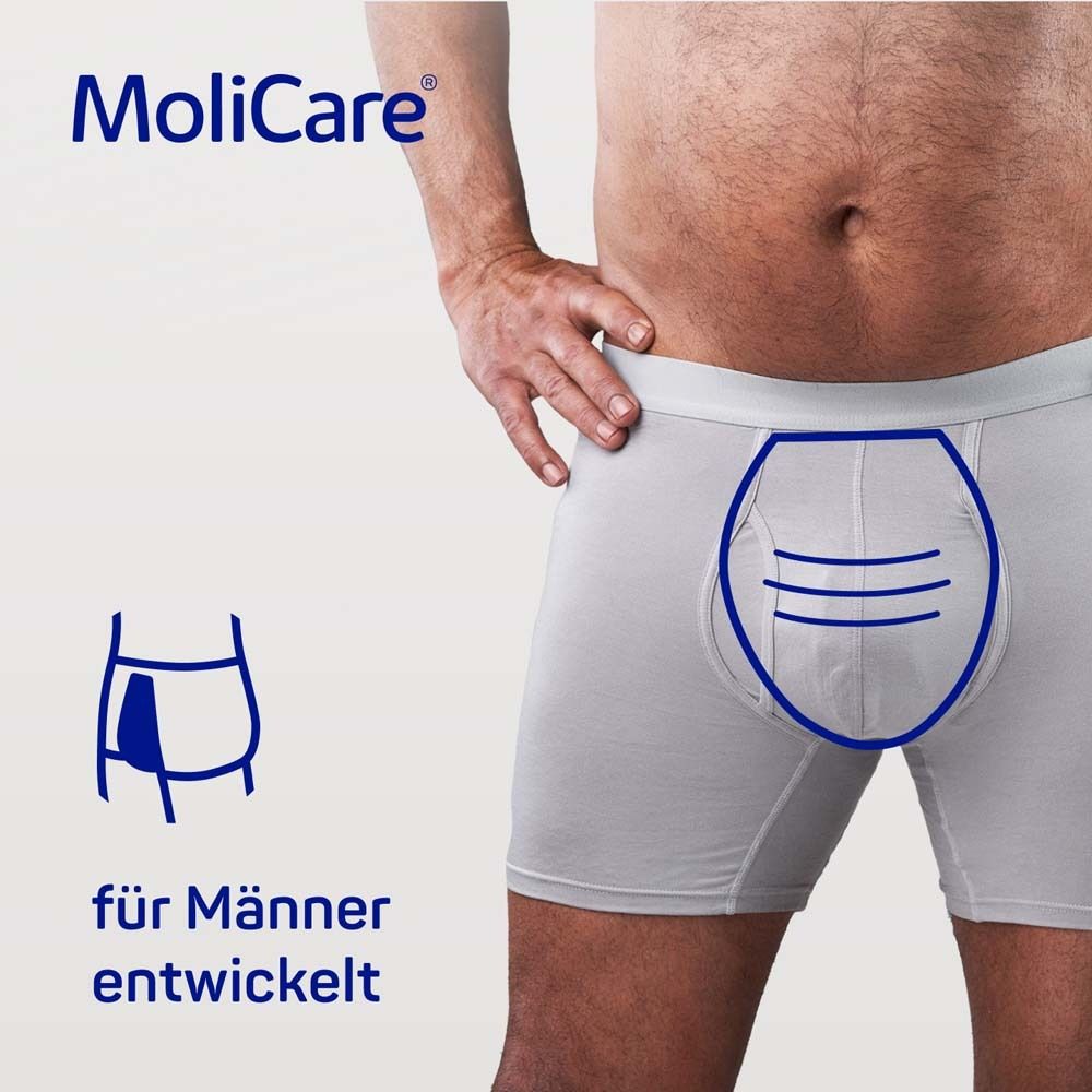 Graues Unterwäsche-Modell mit blauer Markierung. Text: "für Männer entwickelt". Logo: MoliCare.