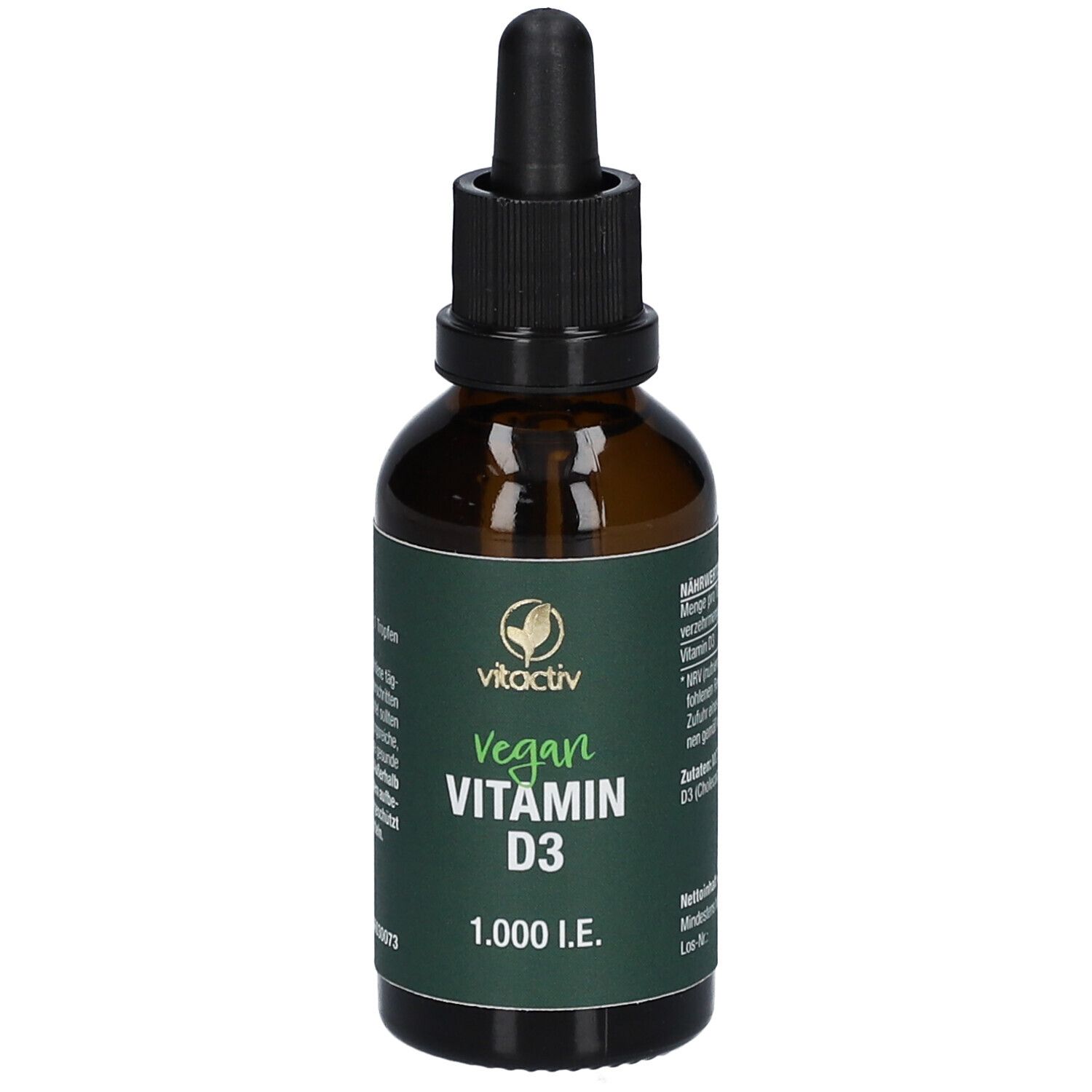 Braune Glasflasche mit Tropfer. Aufschrift: vitactiv Vegan Vitamin D3 1.000 I.E.