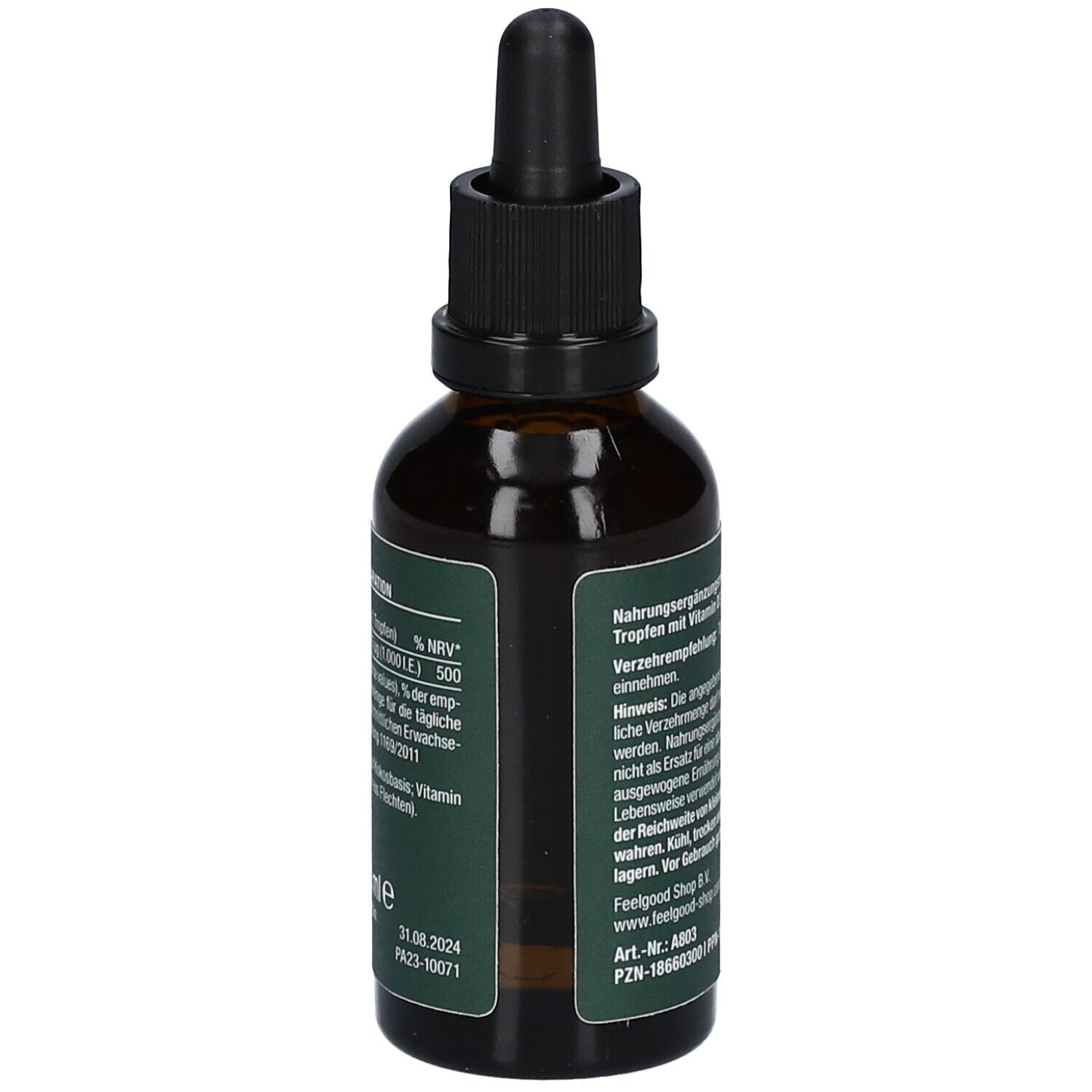 Braune Glasflasche mit Tropfer. Aufschrift: vitactiv Vegan Vitamin D3 1.000 I.E. Detailansicht.