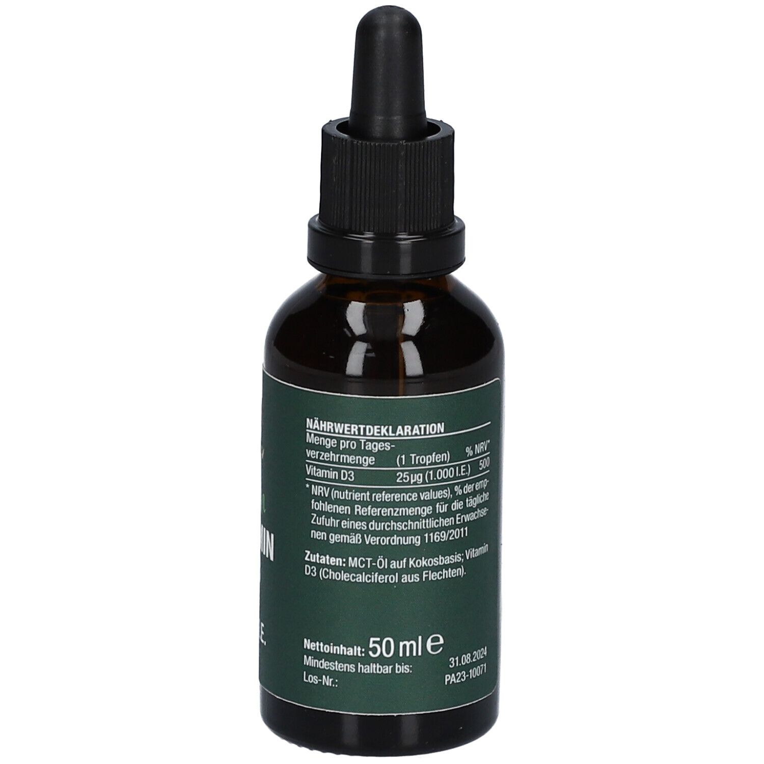 Braune Glasflasche mit Tropfer. Aufschrift: vitactiv Vegan Vitamin D3 1.000 I.E. Detailansicht.