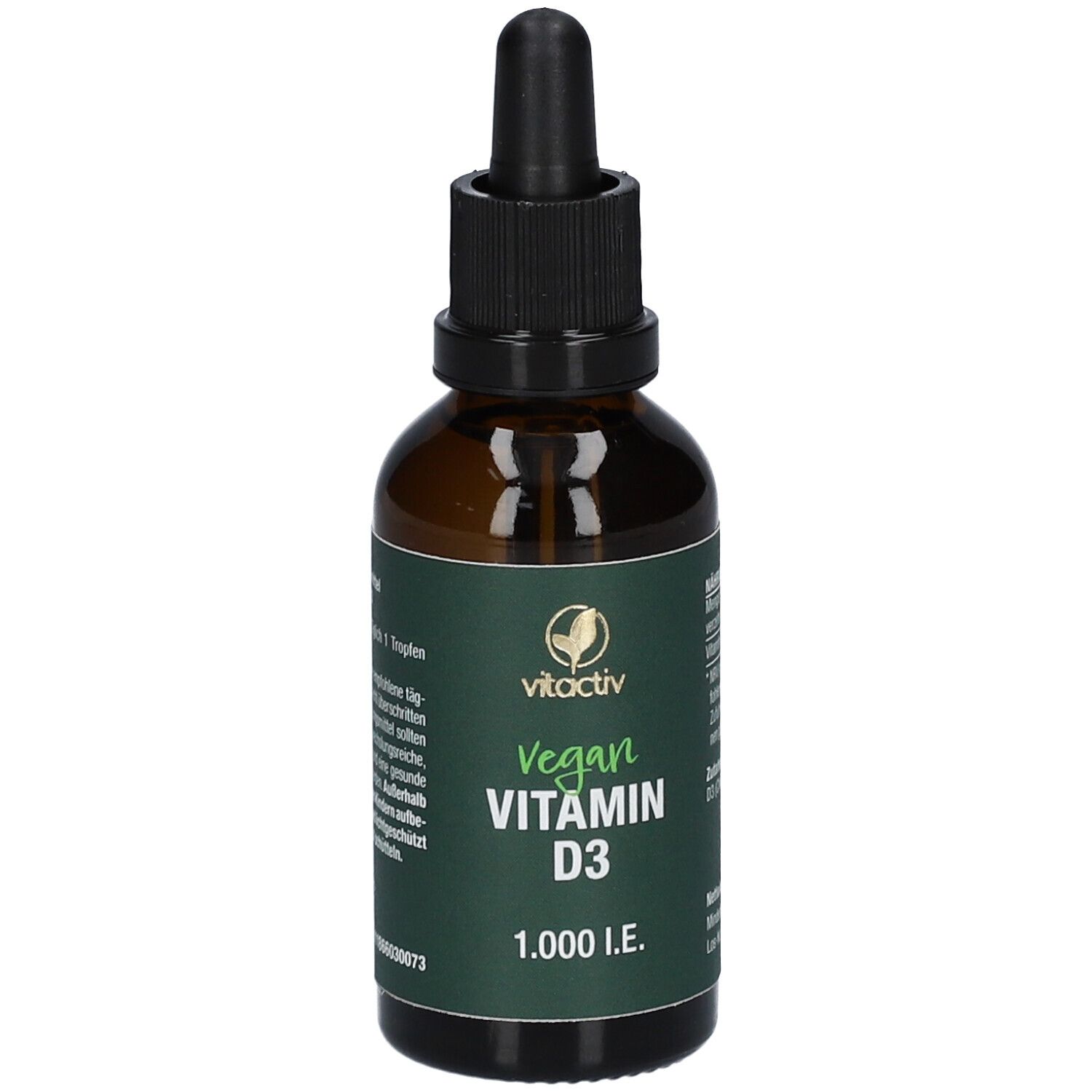 Braune Glasflasche mit Tropfer. Aufschrift: vitactiv Vegan Vitamin D3 1.000 I.E. Detailansicht.