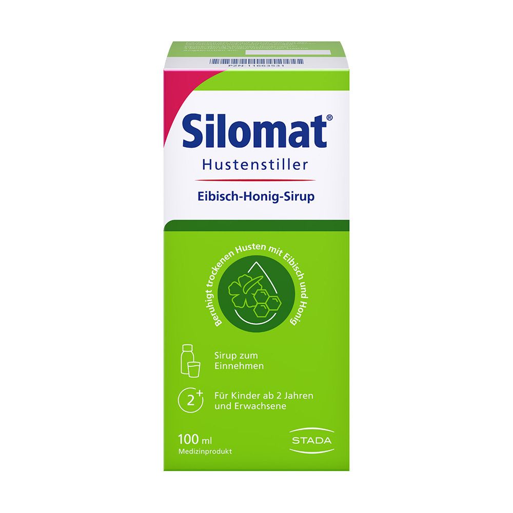 Schachtel mit Hustenstiller-Sirup. Aufschrift: Silomat, Eibisch-Honig-Sirup. Grün-weißes Design.