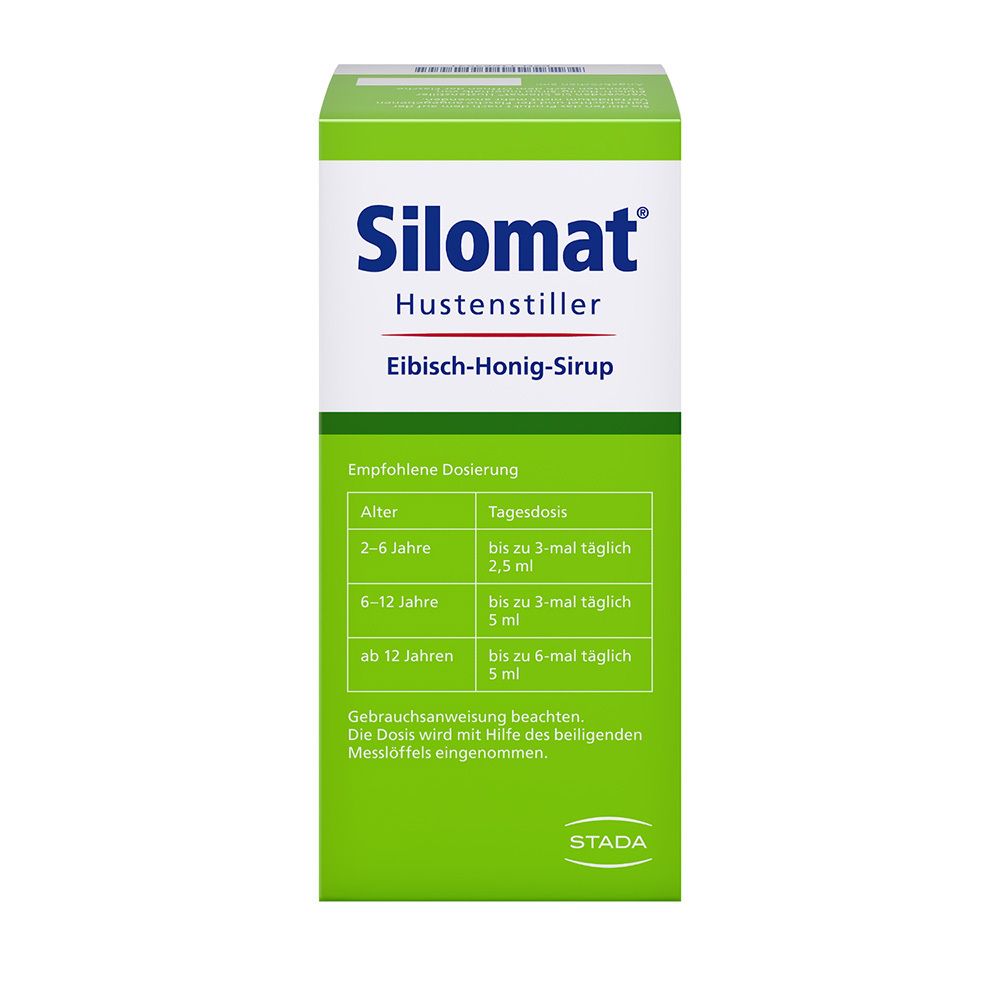 Schachtel mit Dosierungstabelle für Hustenstiller-Sirup. Alter und Tagesdosis sind angegeben.