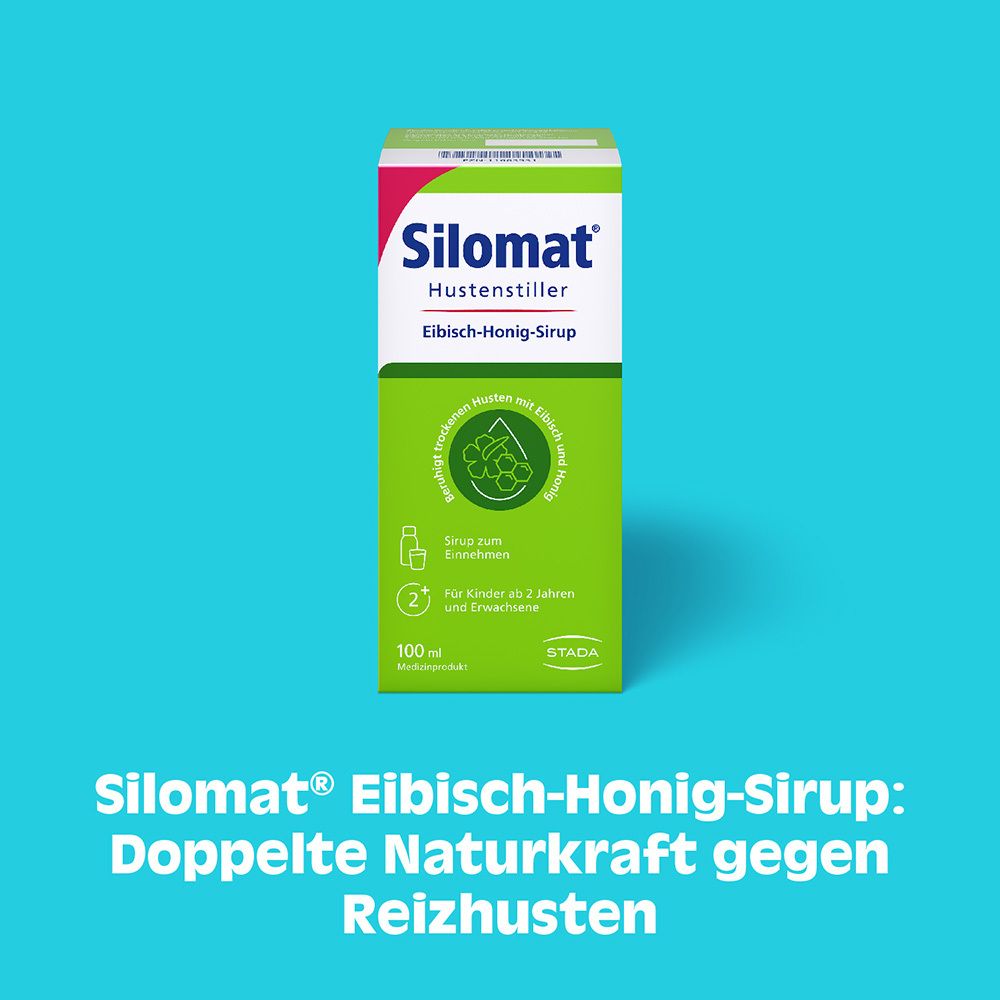 Produktabbildung auf blauem Hintergrund. Text: Silomat Eibisch-Honig-Sirup: Doppelte Naturkraft gegen Reizhusten.
