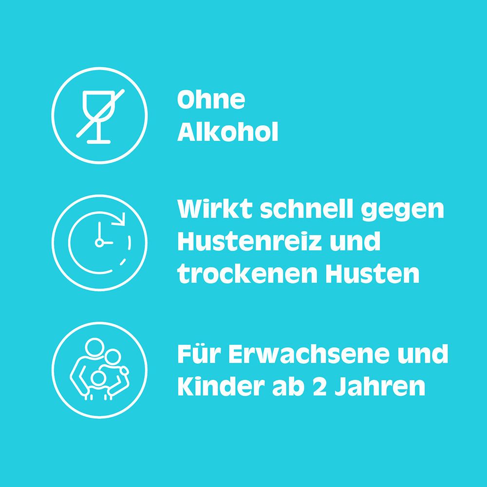 Symbole auf blauem Hintergrund. Ohne Alkohol, wirkt schnell gegen Hustenreiz, für Erwachsene und Kinder ab 2 Jahren.