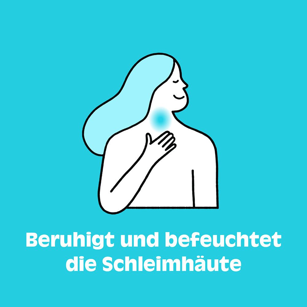 Illustration einer Frau, die sich an den Hals fasst. Text: Beruhigt und befeuchtet die Schleimhäute.