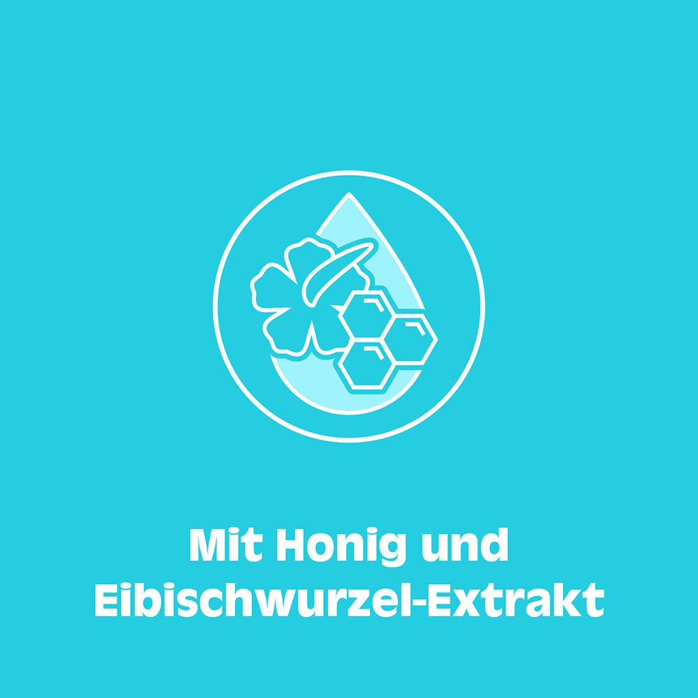 Illustration mit Honig und Eibischwurzel-Extrakt. Text: Mit Honig und Eibischwurzel-Extrakt.